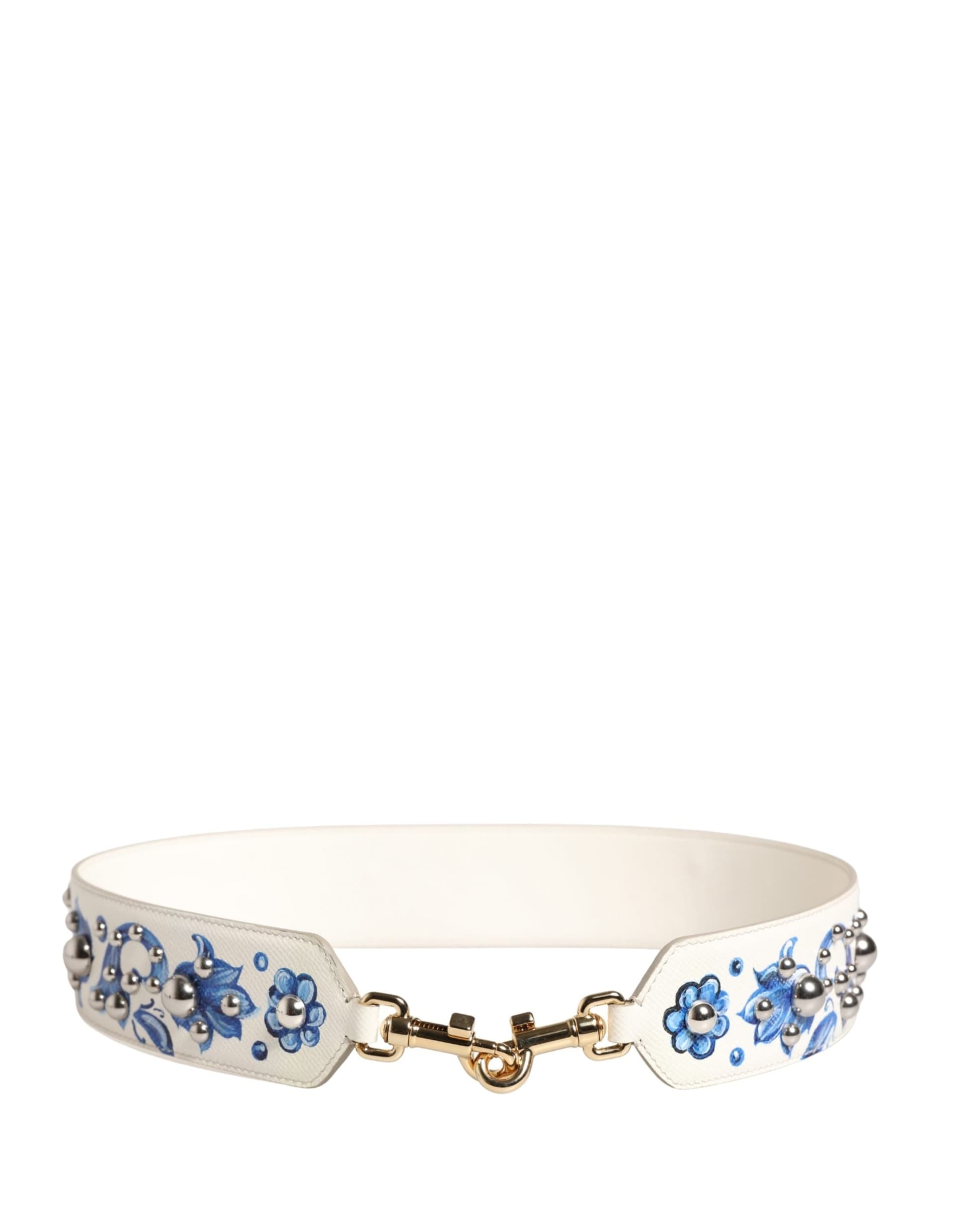 Dolce & Gabbana White Blue Floral Leather Stud Accessory Shoulder Strap - 7