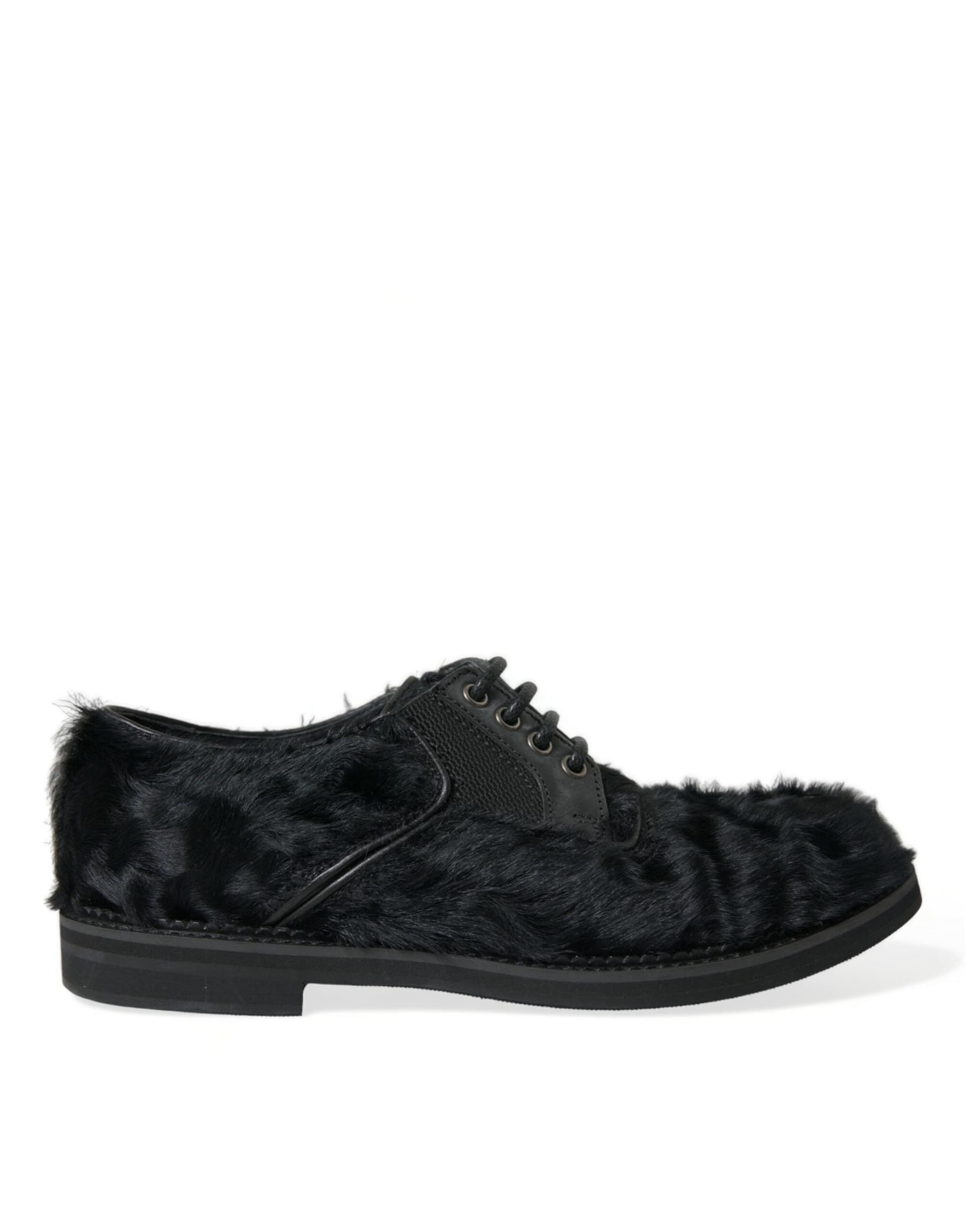 Dolce & Gabbana Black Fur Leather Lace Up Derby Dress Shoes - 5