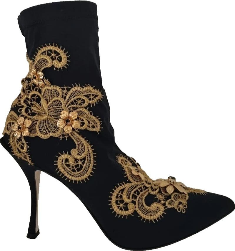 Dolce & Gabbana Black Gold Embroidery Crystal Boots Shoes - 6