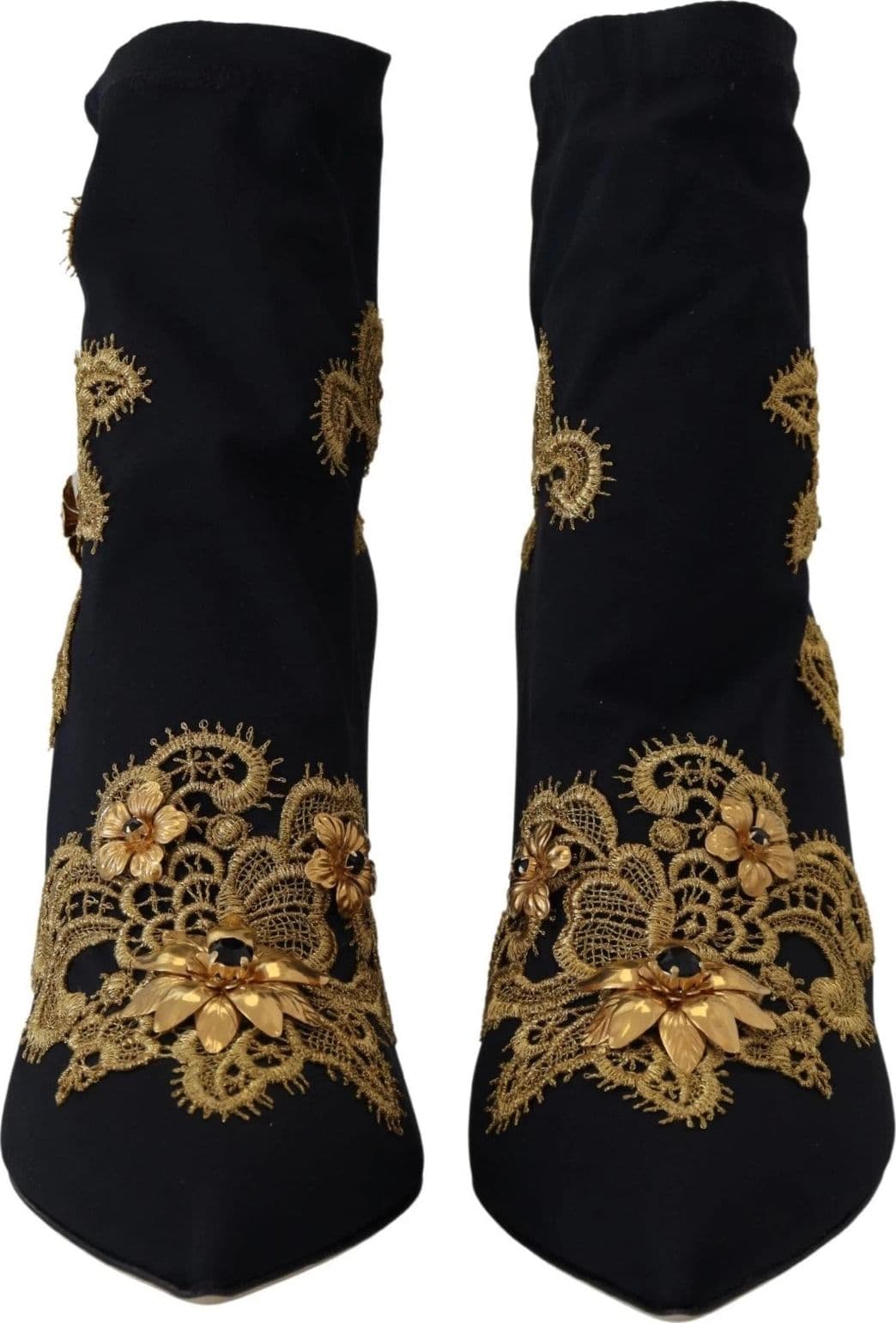 Dolce & Gabbana Black Gold Embroidery Crystal Boots Shoes - 7