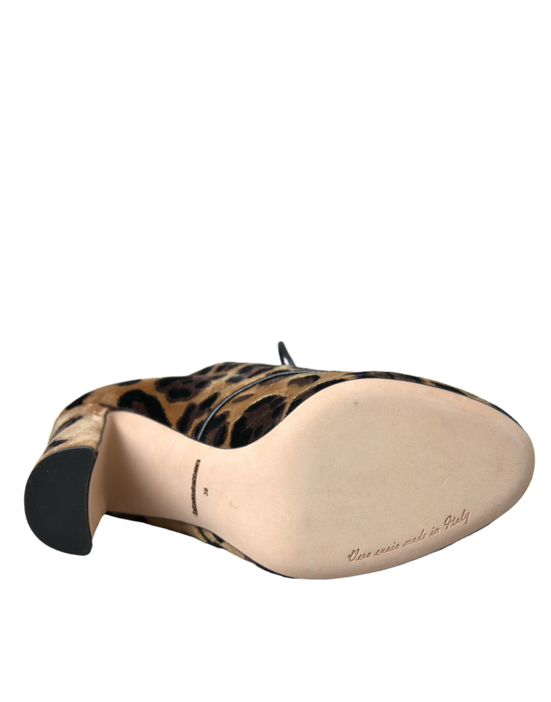 Dolce & Gabbana Brown Leopard Hair Lace Up Booties Shoes - 6