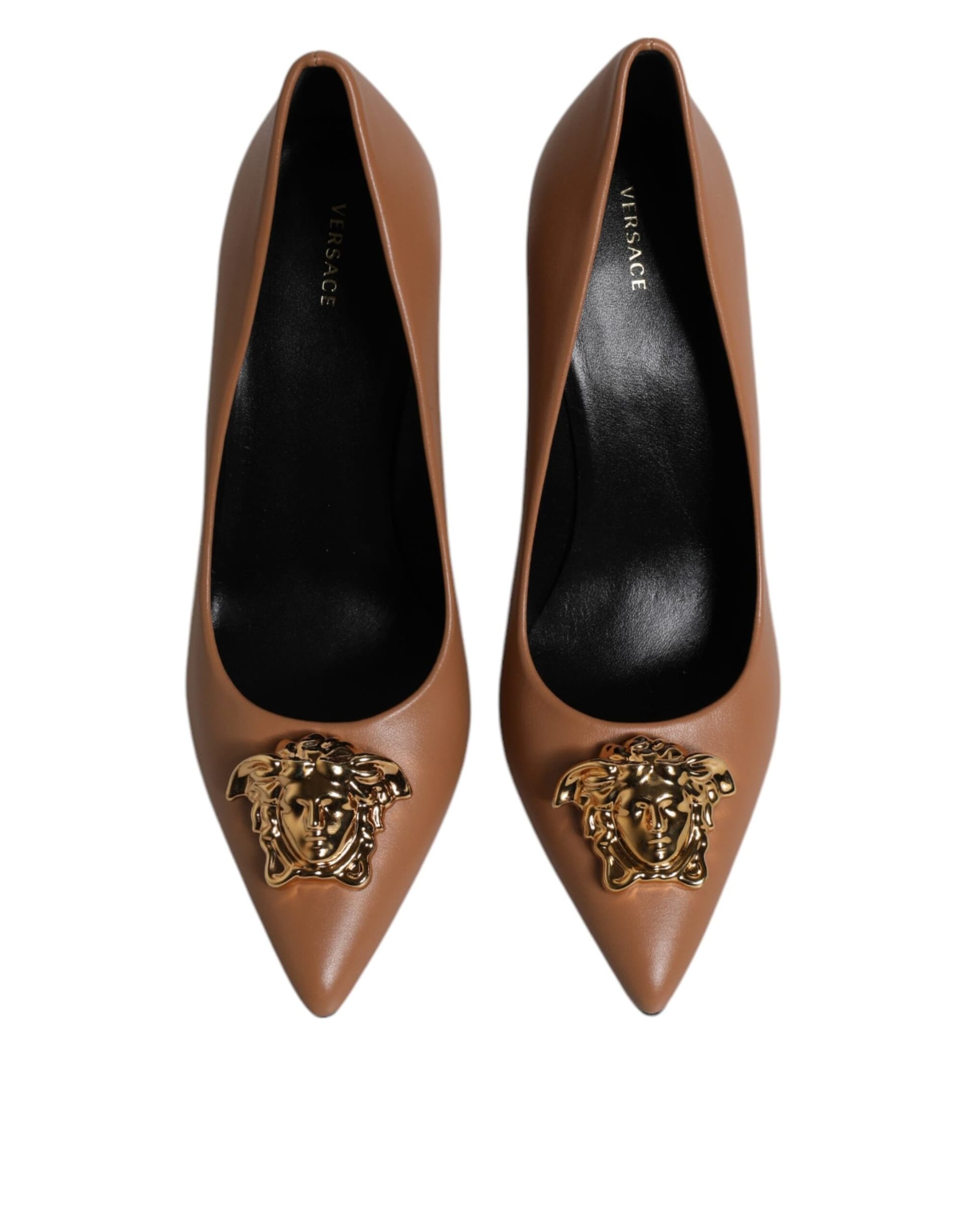 Versace Brown Leather Logo Plaque High Heels Pumps Shoes - 2