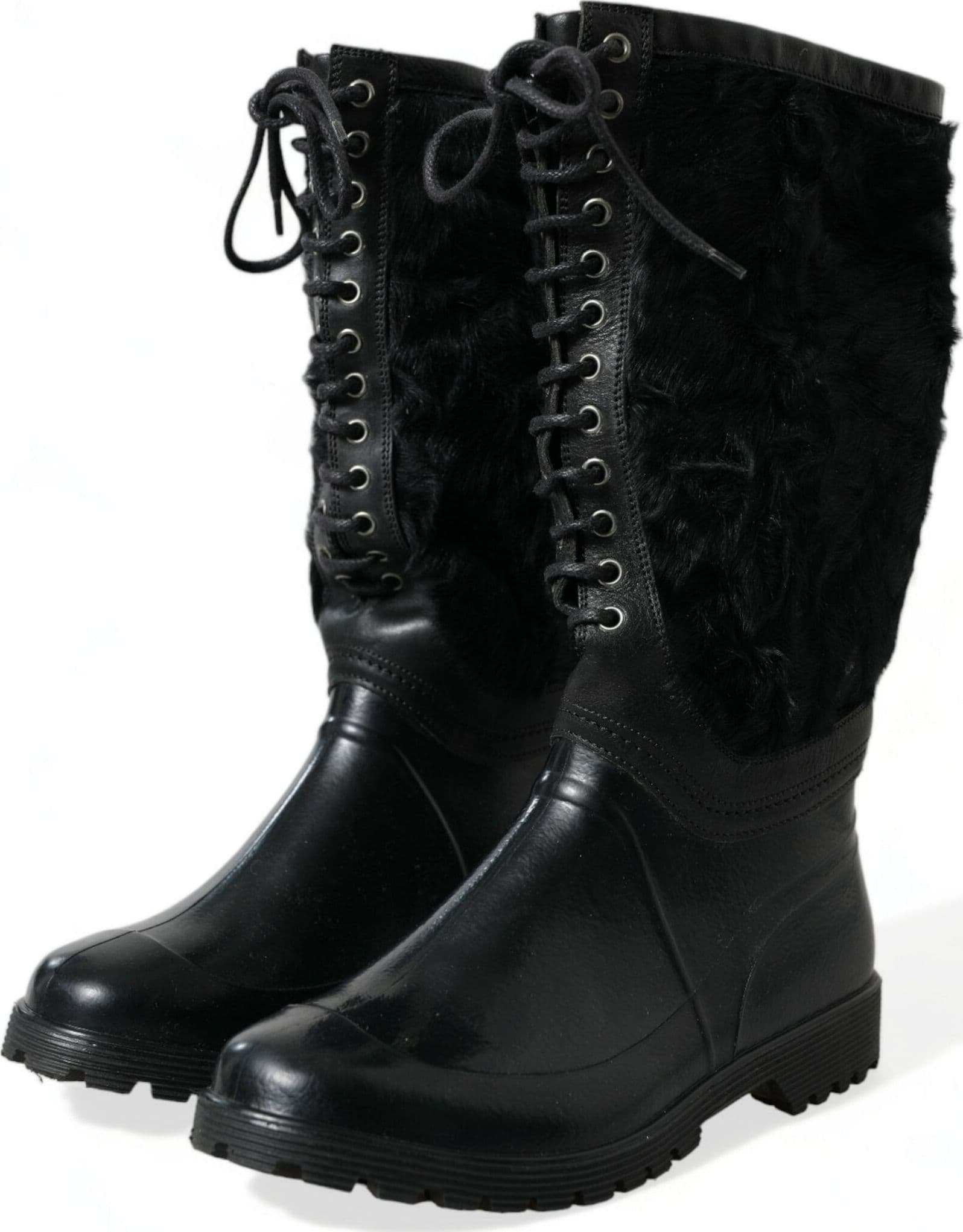 Dolce & Gabbana Black Rubber Lace Up Shearling Rain Boots Shoes - 2
