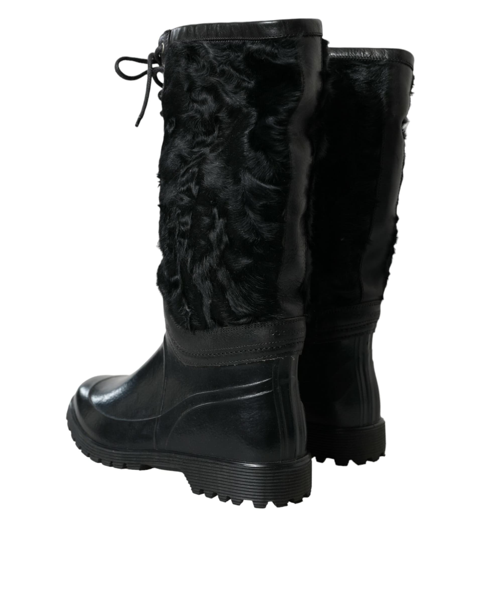 Dolce & Gabbana Black Rubber Lace Up Shearling Rain Boots Shoes - 3