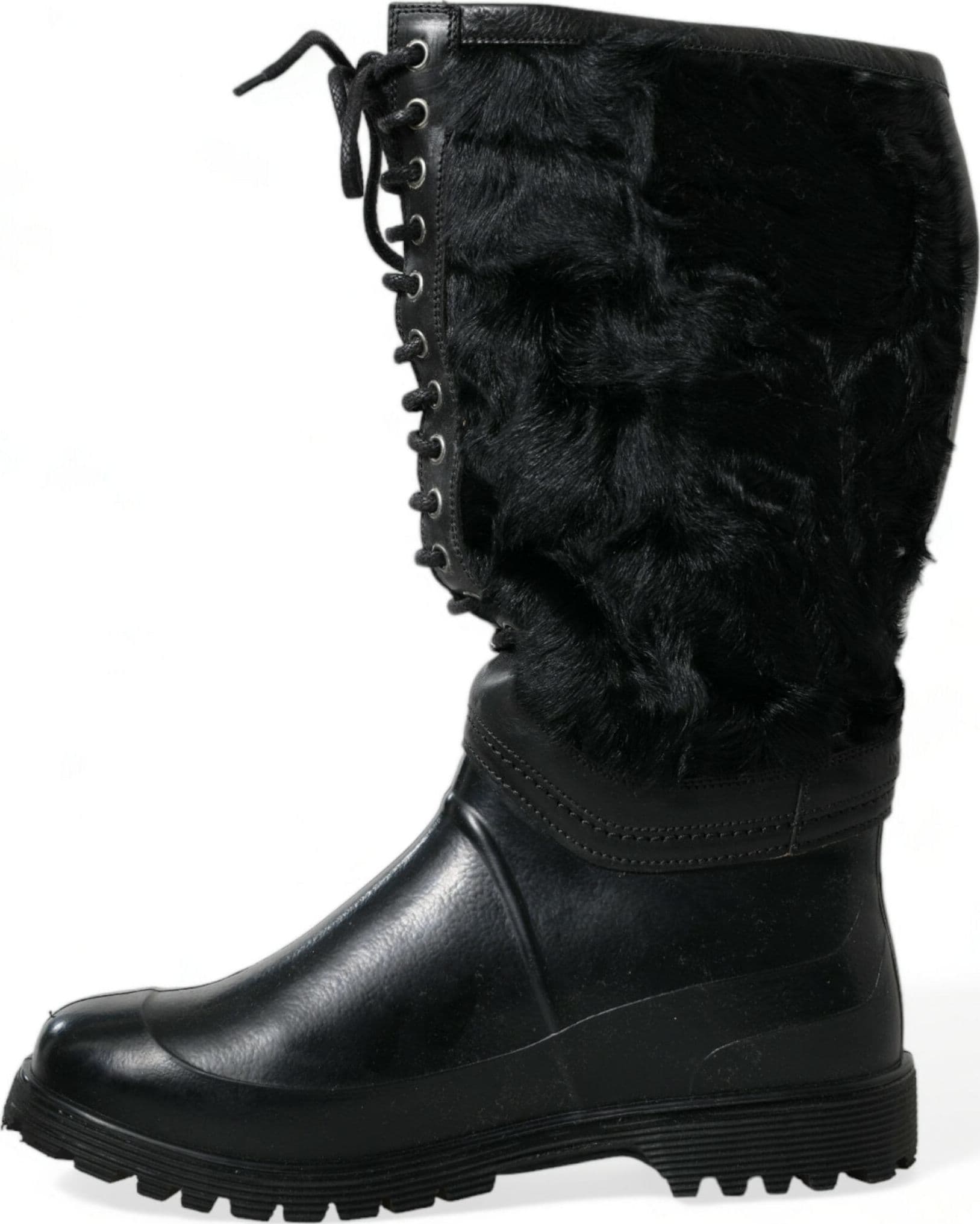 Dolce & Gabbana Black Rubber Lace Up Shearling Rain Boots Shoes - 4