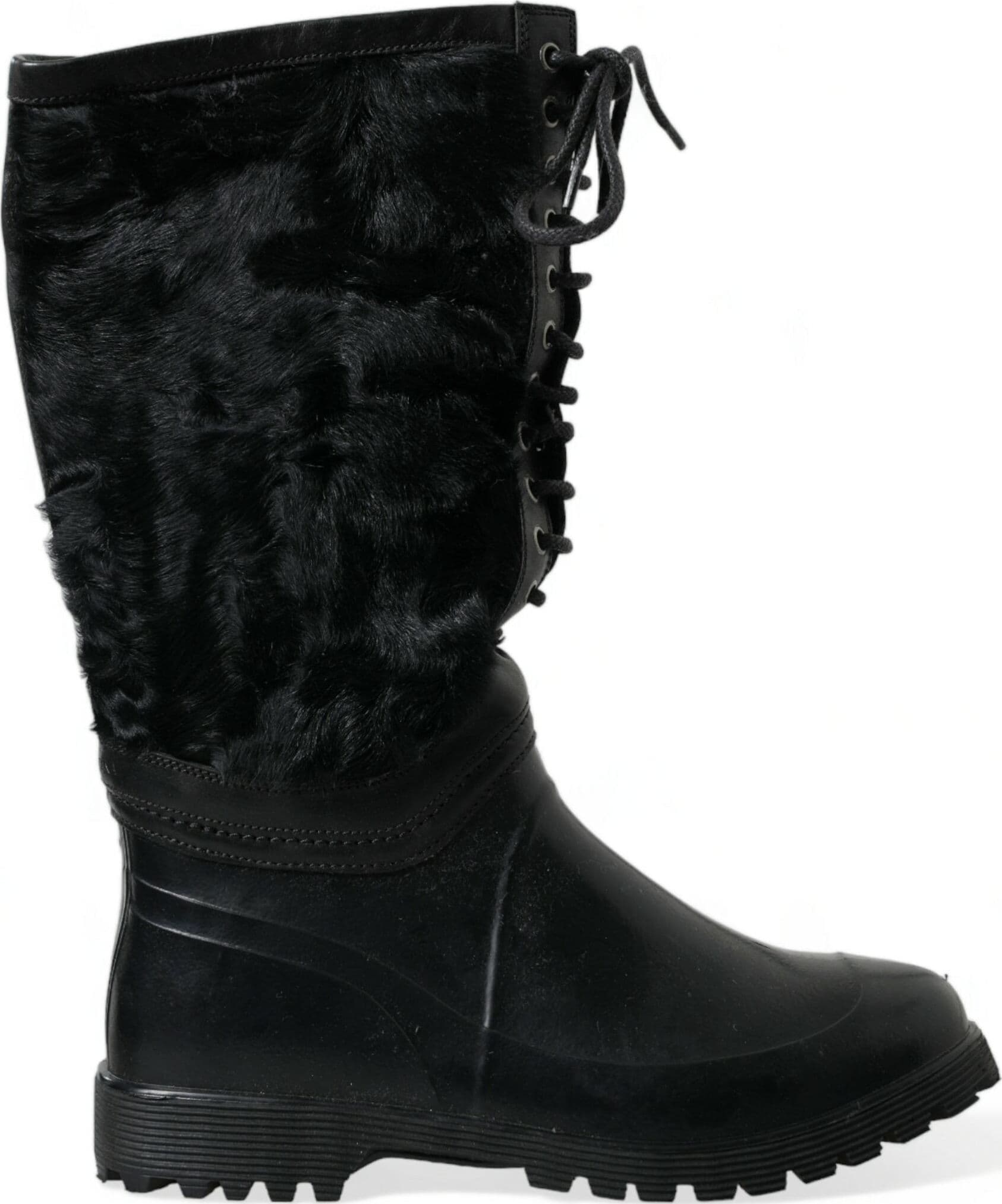 Dolce & Gabbana Black Rubber Lace Up Shearling Rain Boots Shoes - 5