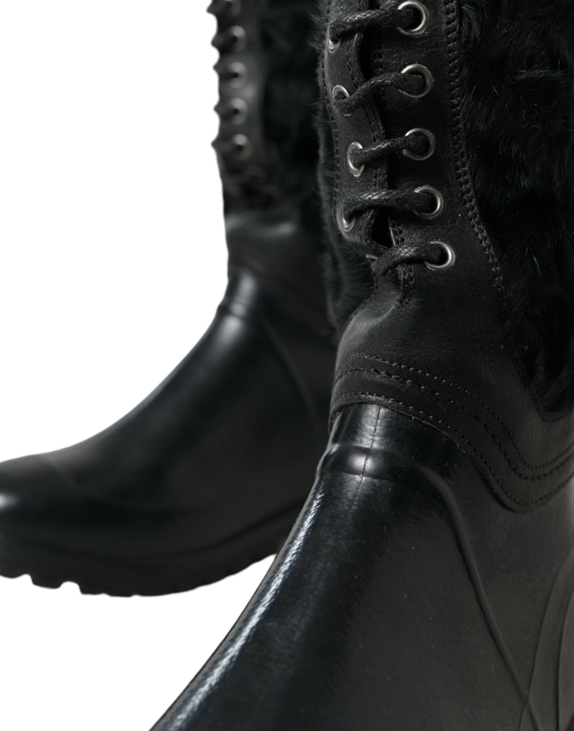 Dolce & Gabbana Black Rubber Lace Up Shearling Rain Boots Shoes - 7