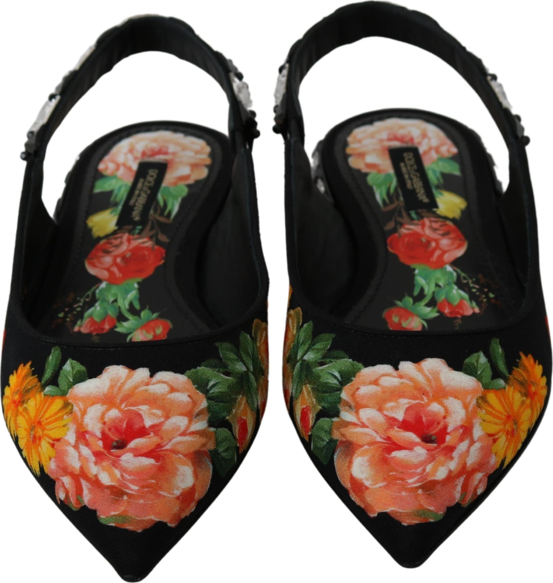 Dolce & Gabbana Black Floral Crystal Slingbacks Flats Shoes - 5