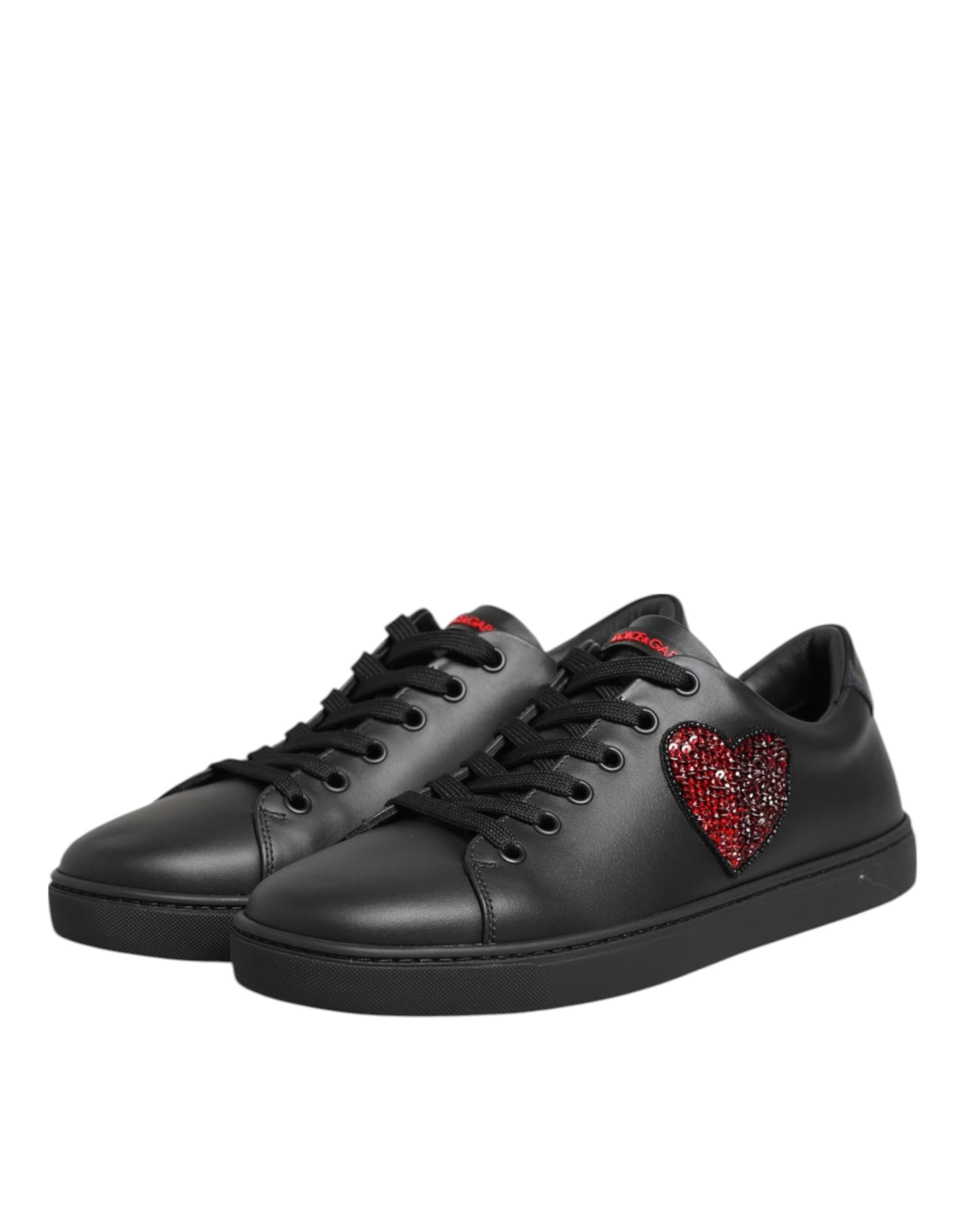 Dolce & Gabbana Black Leather Crystal Heart Low Top Sneakers  Shoes - 3