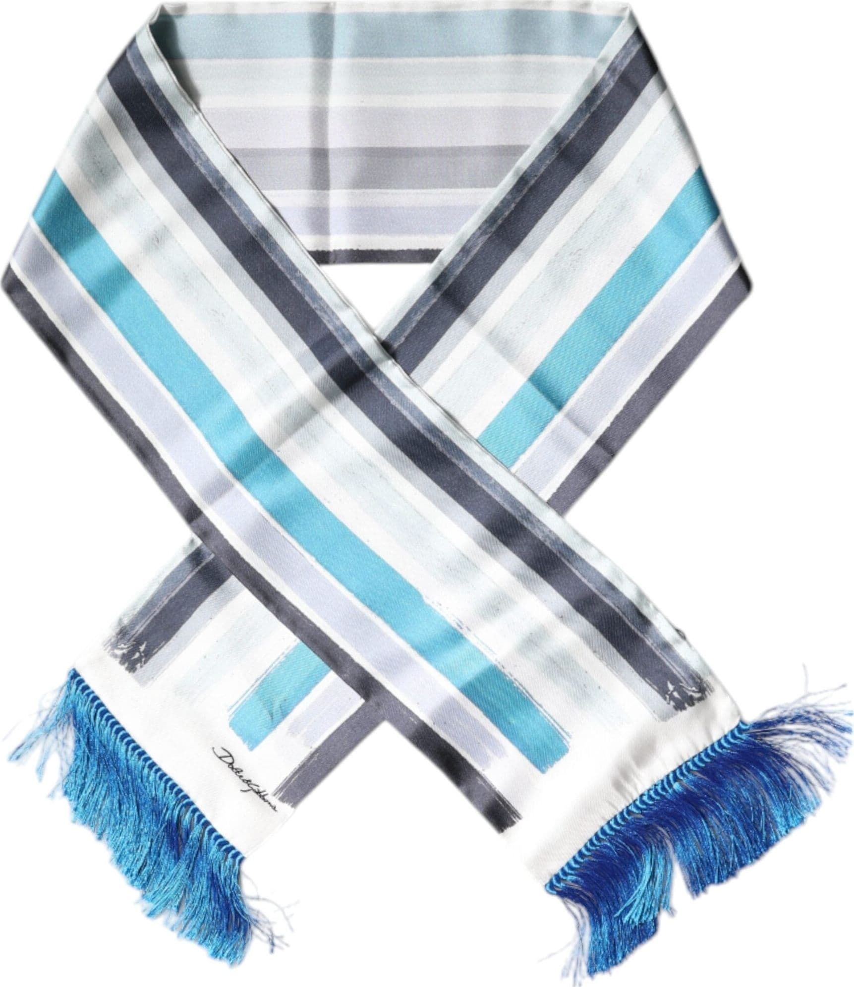 Dolce & Gabbana White Blue Stripes Silk Fringes Wrap Scarf - 2