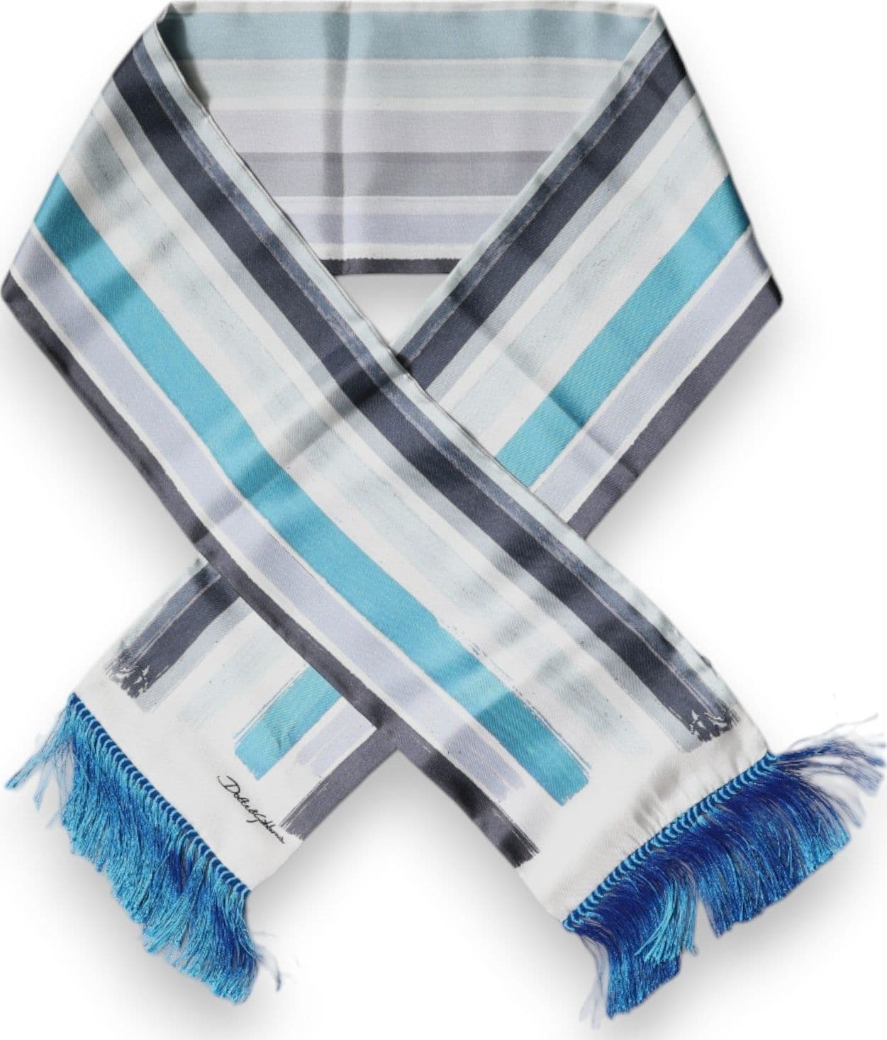 Dolce & Gabbana White Blue Stripes Silk Fringes Wrap Scarf - 3