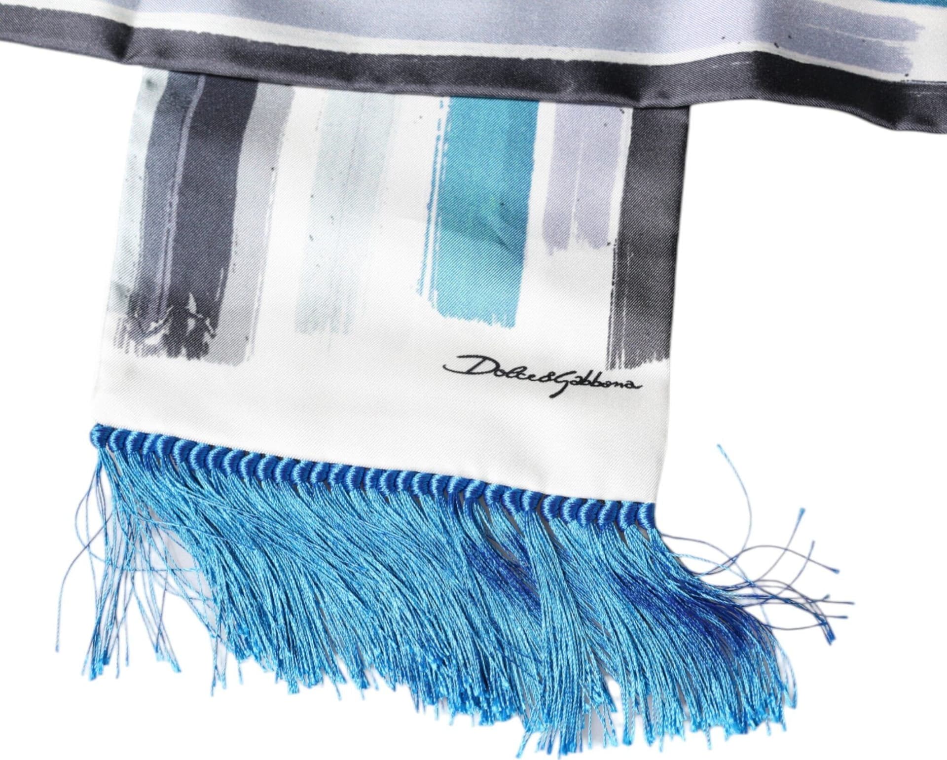 Dolce & Gabbana White Blue Stripes Silk Fringes Wrap Scarf - 5