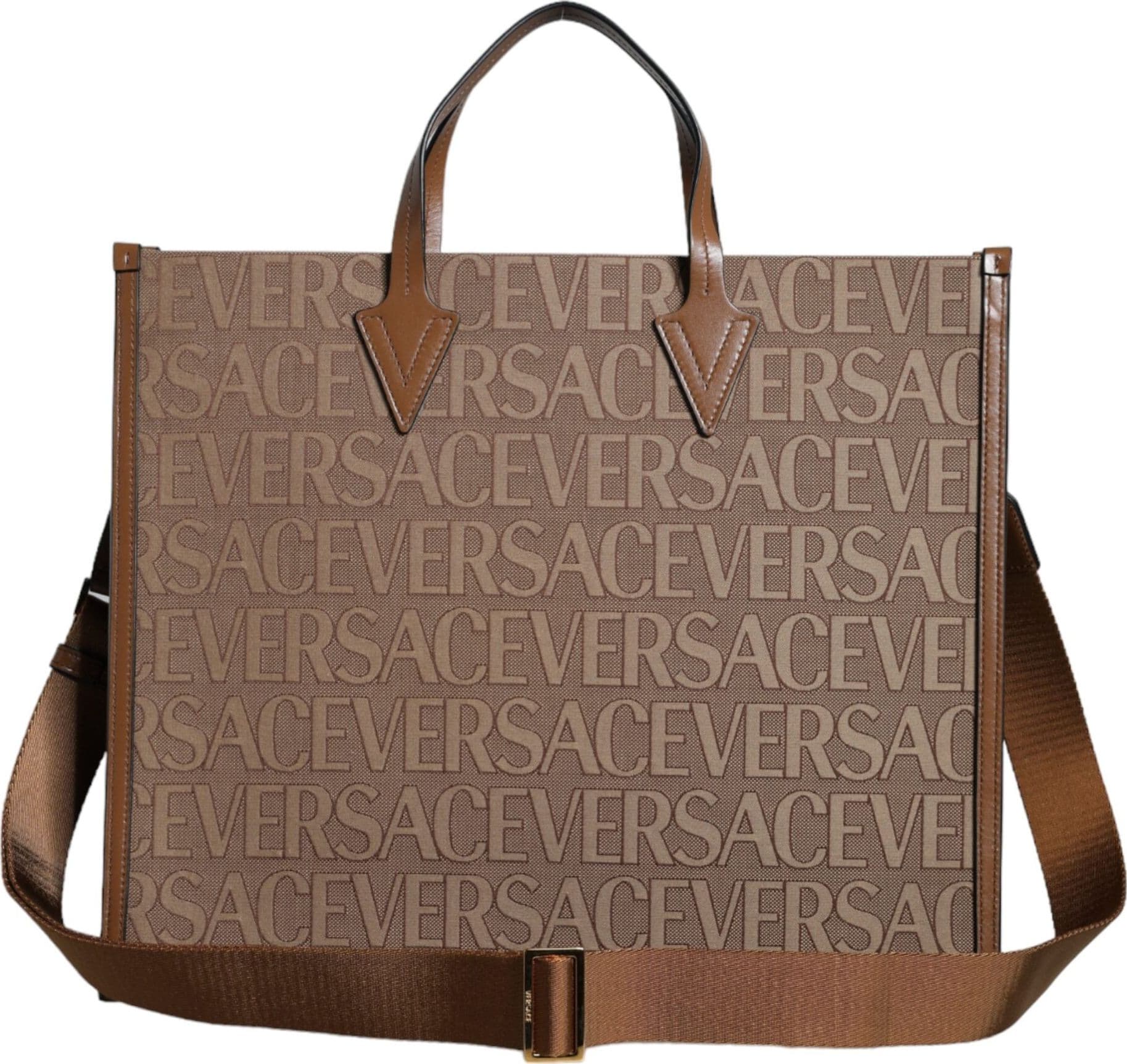 Versace Brown Top Handle Jacquard Leather Logo Crossbody Tote Bag - 2
