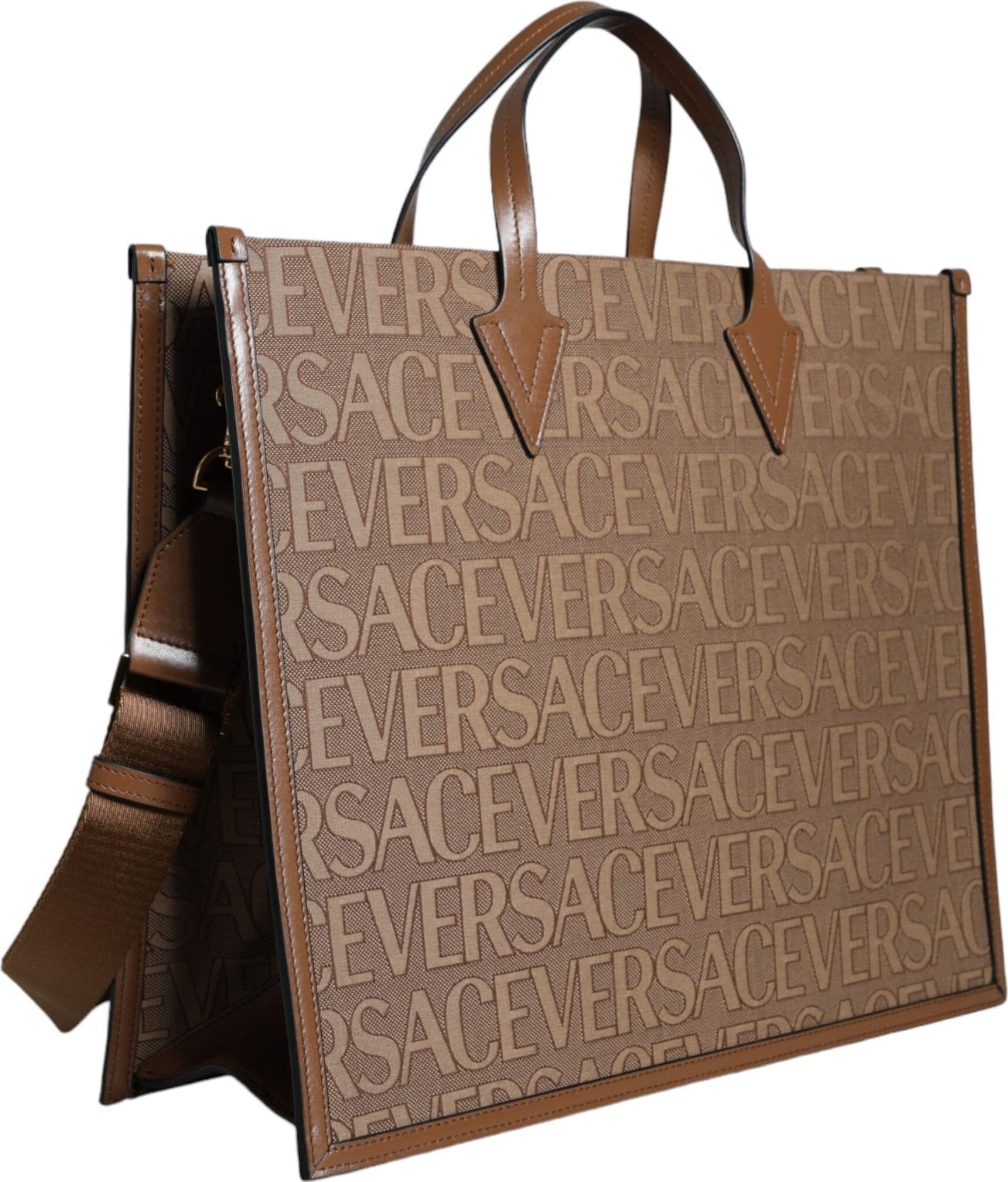 Versace Brown Top Handle Jacquard Leather Logo Crossbody Tote Bag - 4