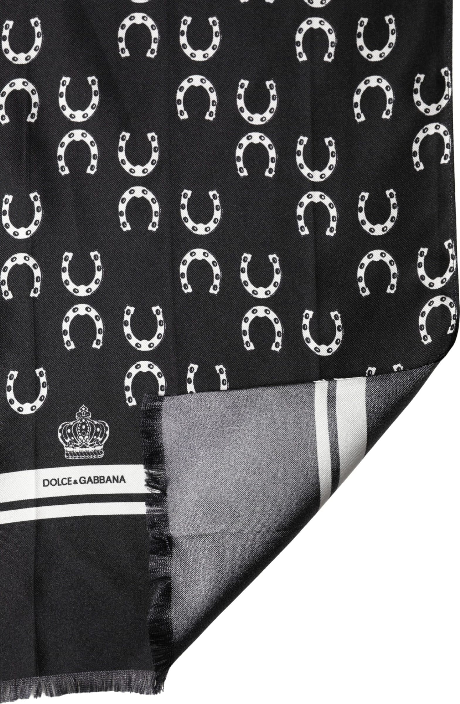 Dolce & Gabbana Black Horseshoe Silk Neck Foulard 136cm x 23cm Men Scarf - 4