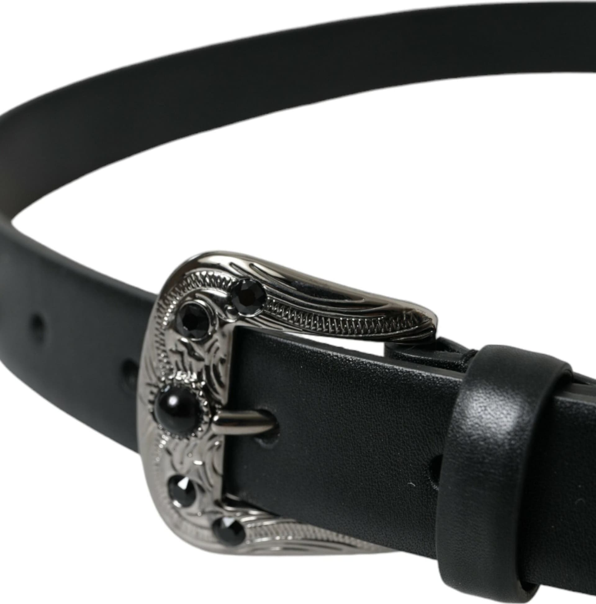 Dolce & Gabbana Black Embellished Leather Engraved Buckle Belt - 2