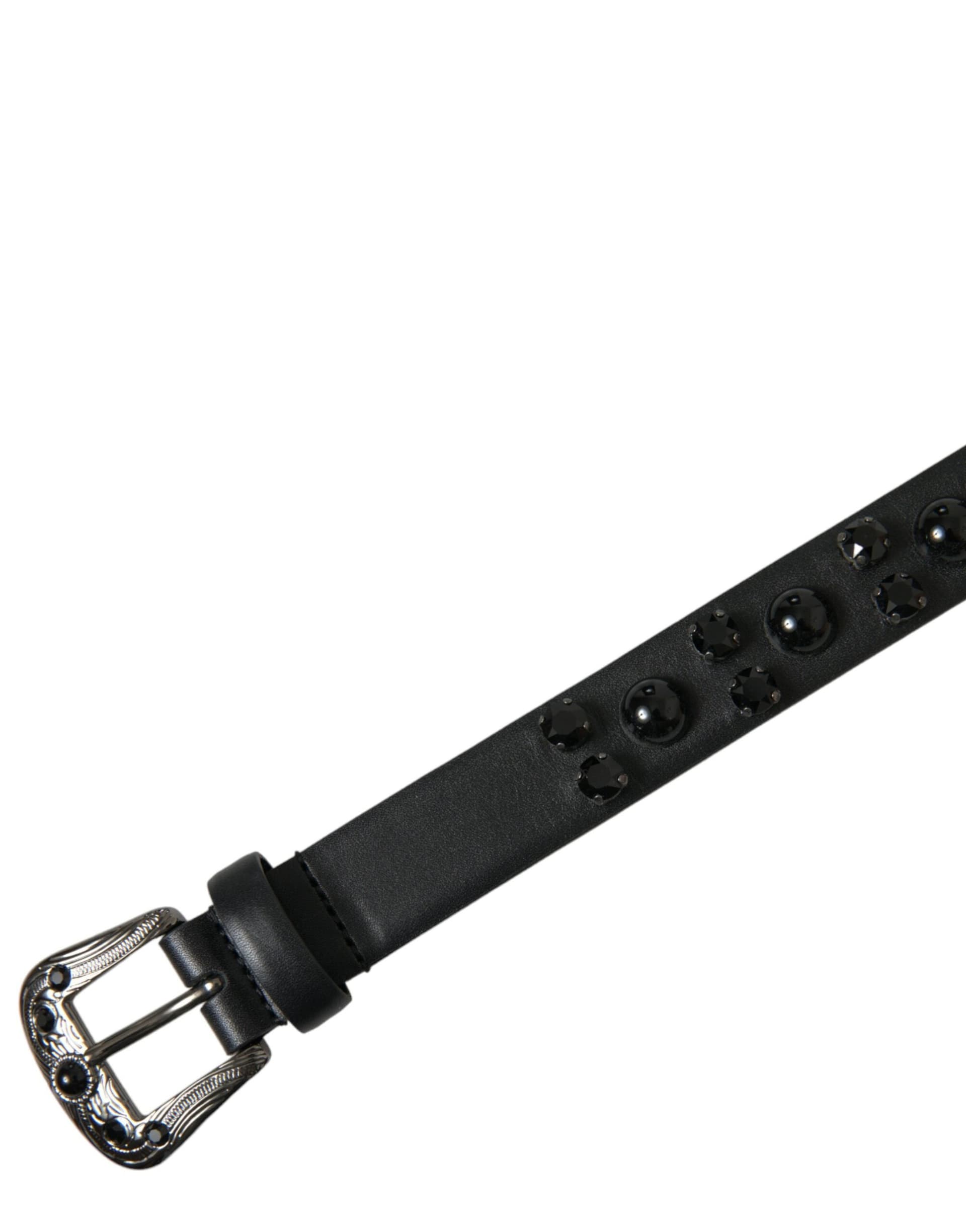 Dolce & Gabbana Black Embellished Leather Engraved Buckle Belt - 5