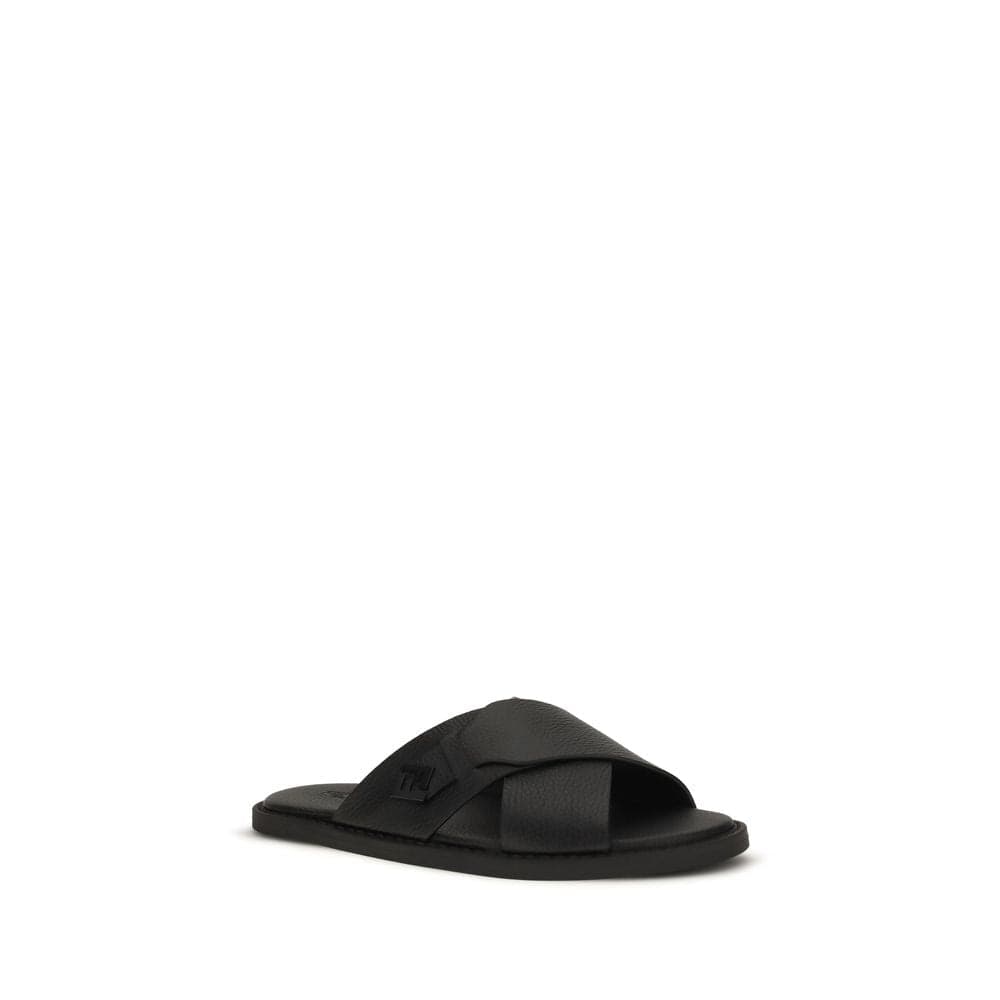 Fendi Black Calf Leather Bos Taurus Flat Sandals - 2