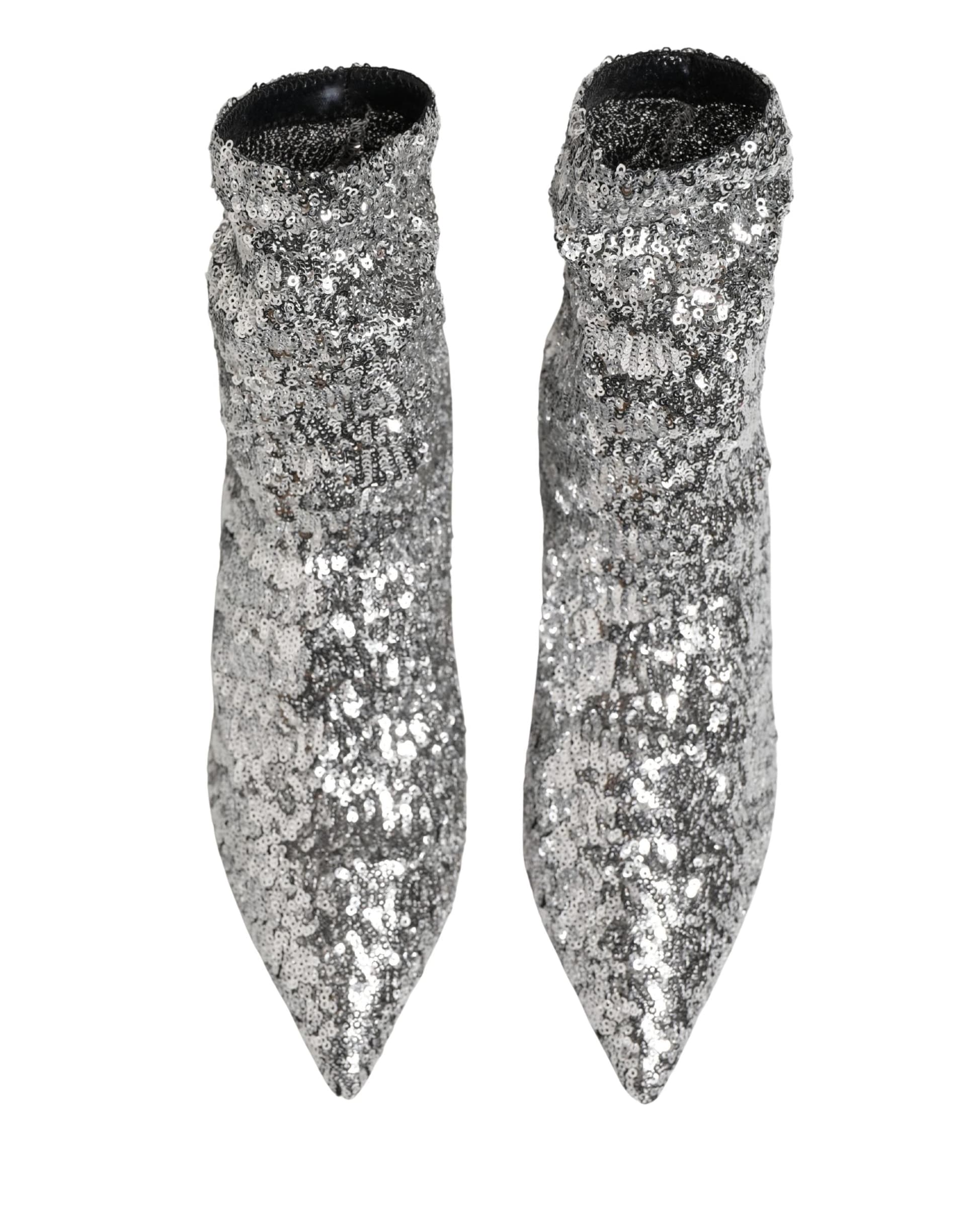Dolce & Gabbana Silver Sequined Short Boots Stretch Shoes - 3