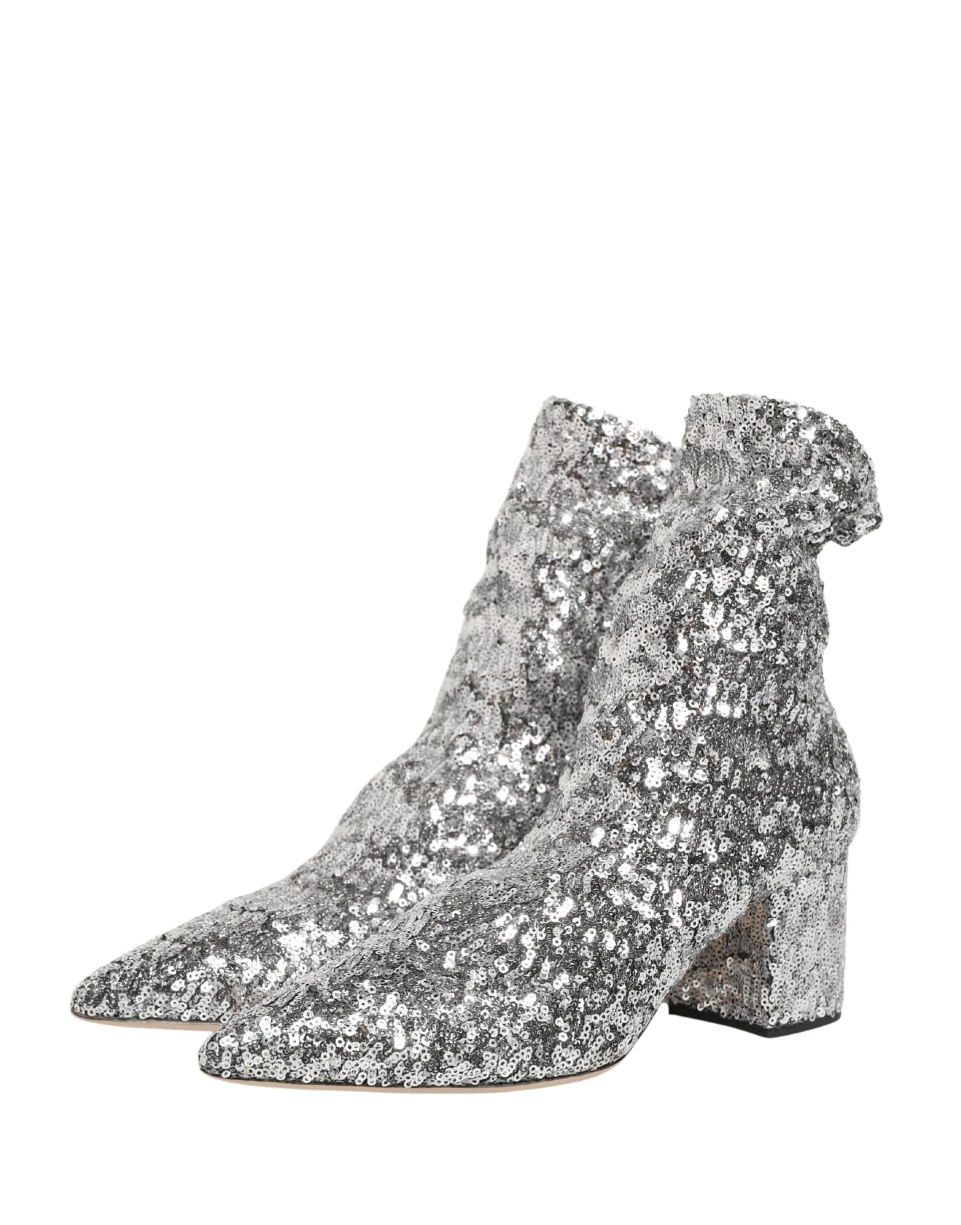 Dolce & Gabbana Silver Sequined Short Boots Stretch Shoes - 4