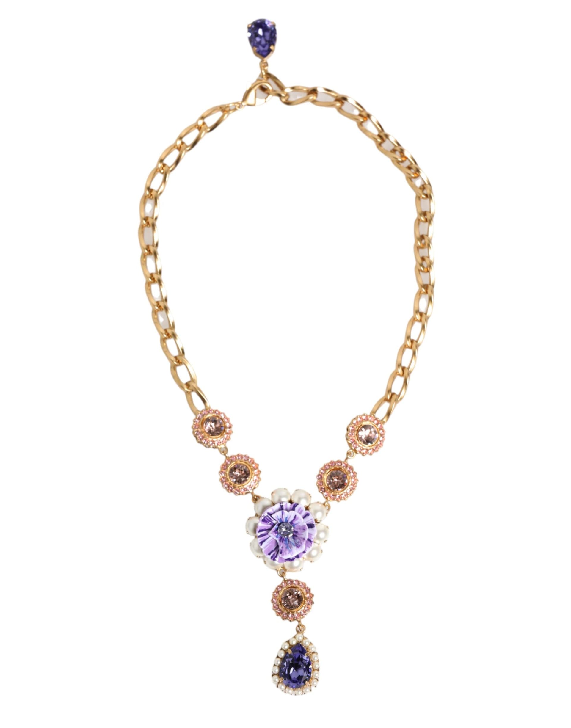 Dolce & Gabbana Gold Brass Crystal Pearl Purple Floral Pendant Jewelry Necklace - 2