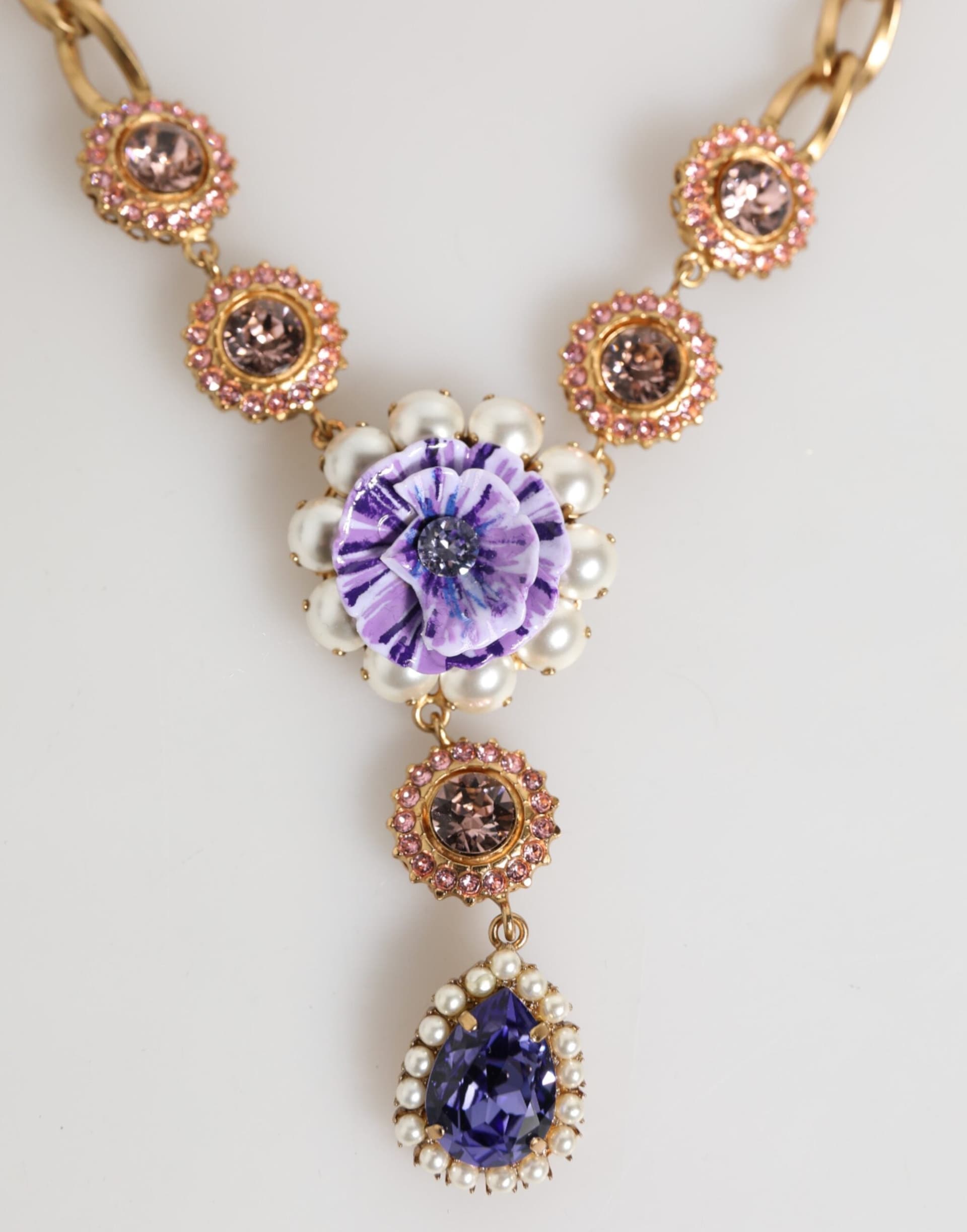 Dolce & Gabbana Gold Brass Crystal Pearl Purple Floral Pendant Jewelry Necklace - 3