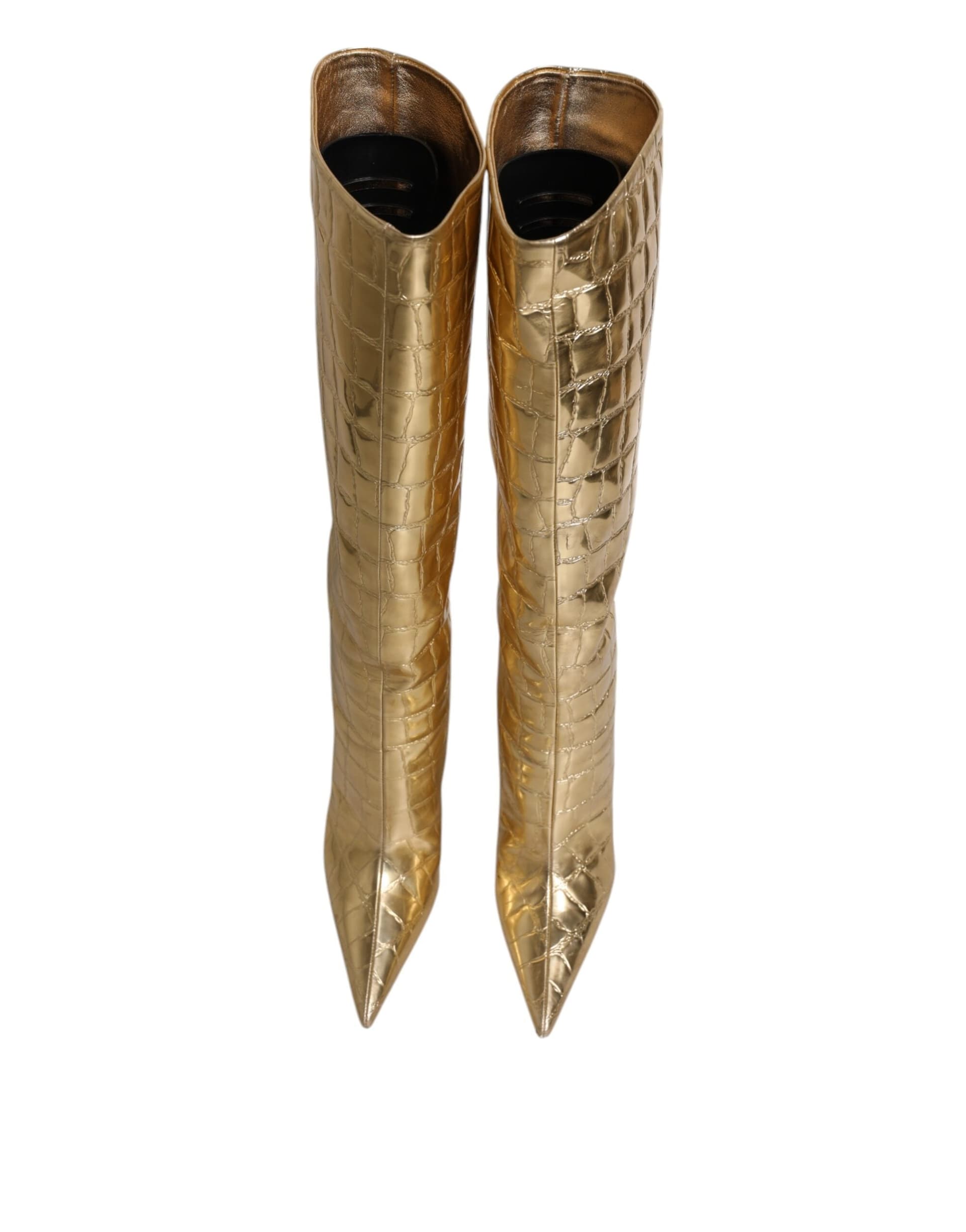 Dolce & Gabbana Gold Leather Stiletto Heels High Boots Shoes - 2