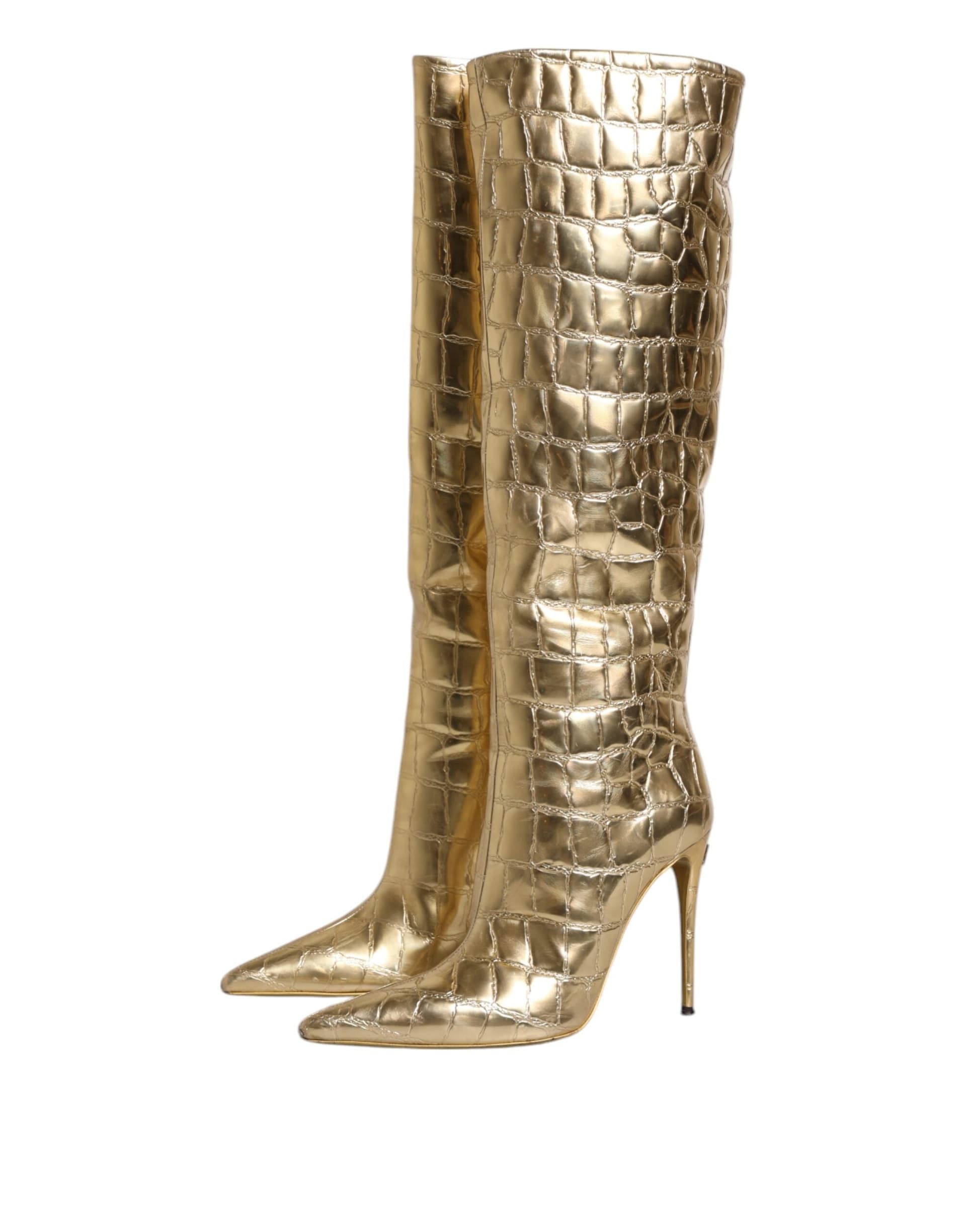 Dolce & Gabbana Gold Leather Stiletto Heels High Boots Shoes - 3
