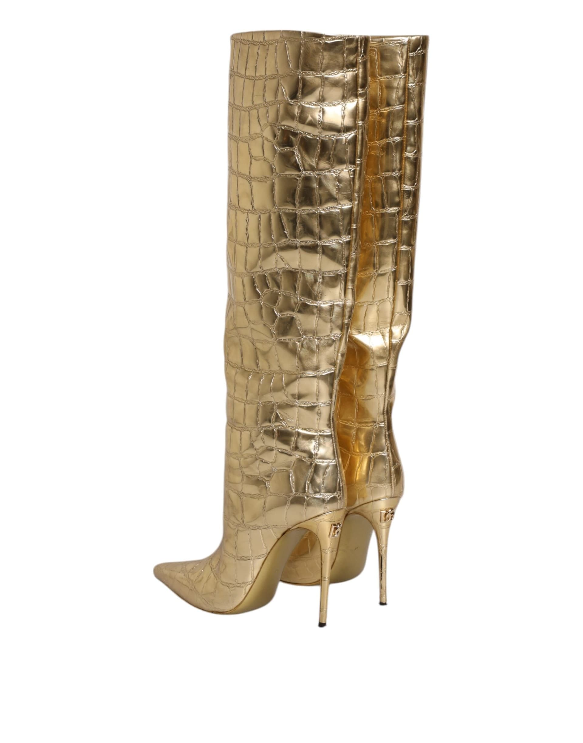 Dolce & Gabbana Gold Leather Stiletto Heels High Boots Shoes - 4