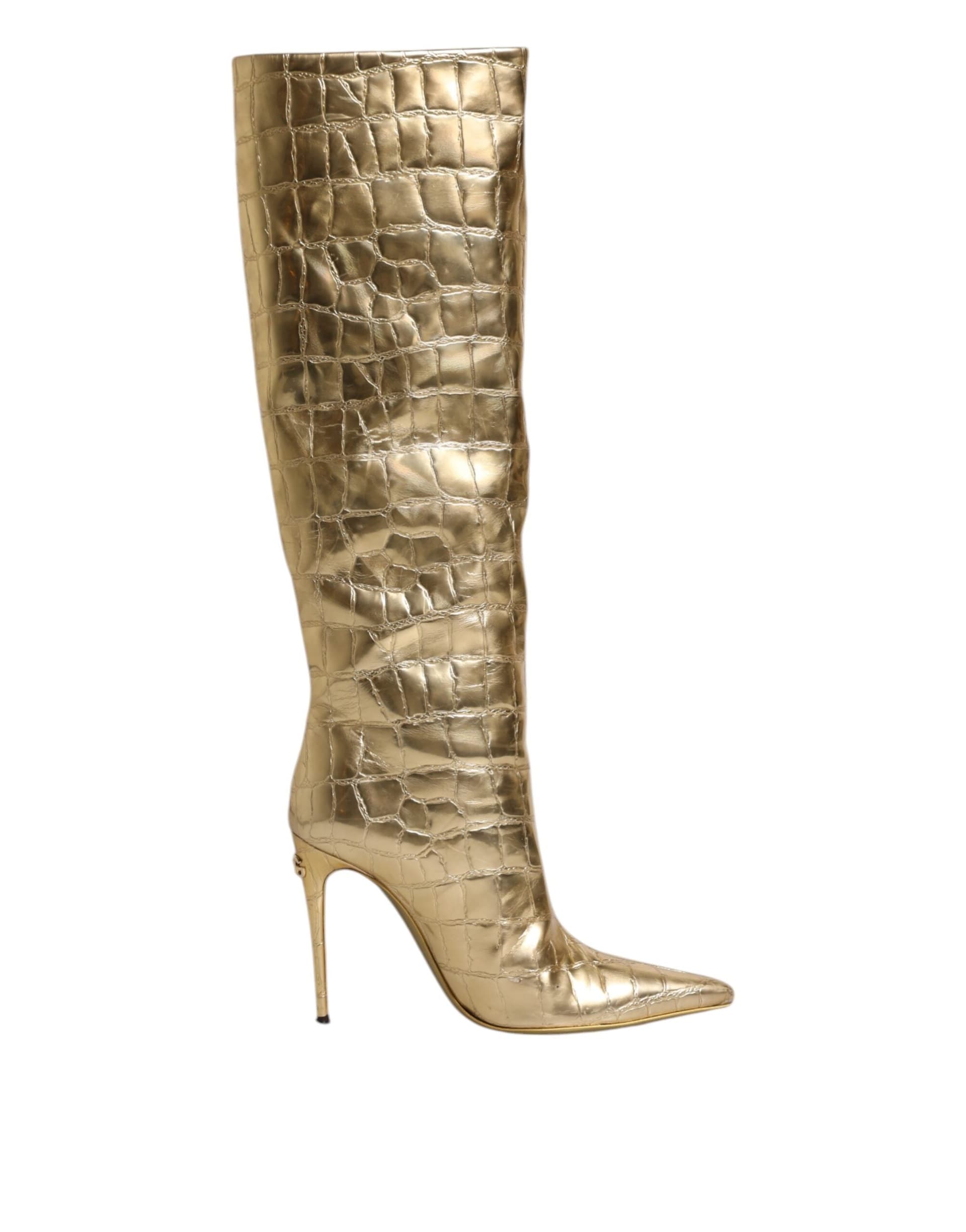 Dolce & Gabbana Gold Leather Stiletto Heels High Boots Shoes - 7