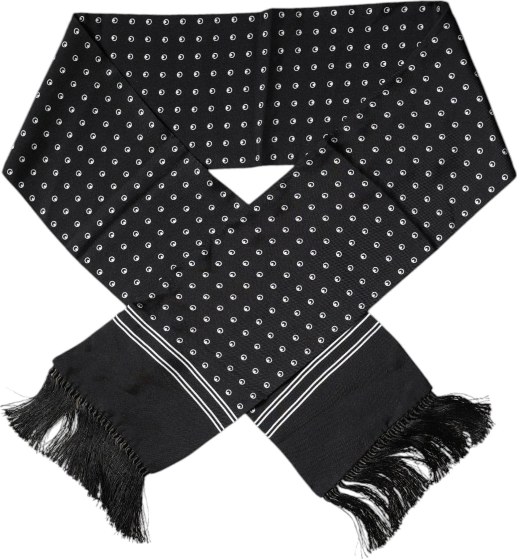 Dolce & Gabbana Black White Polka Dotted Silk Skinny Fringes Scarf - 2