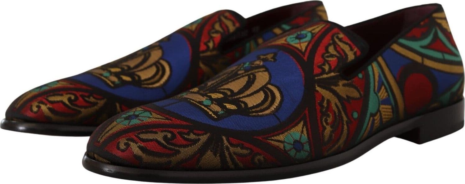 Dolce & Gabbana Multicolor Jacquard Crown Slippers Loafers Shoes - 3
