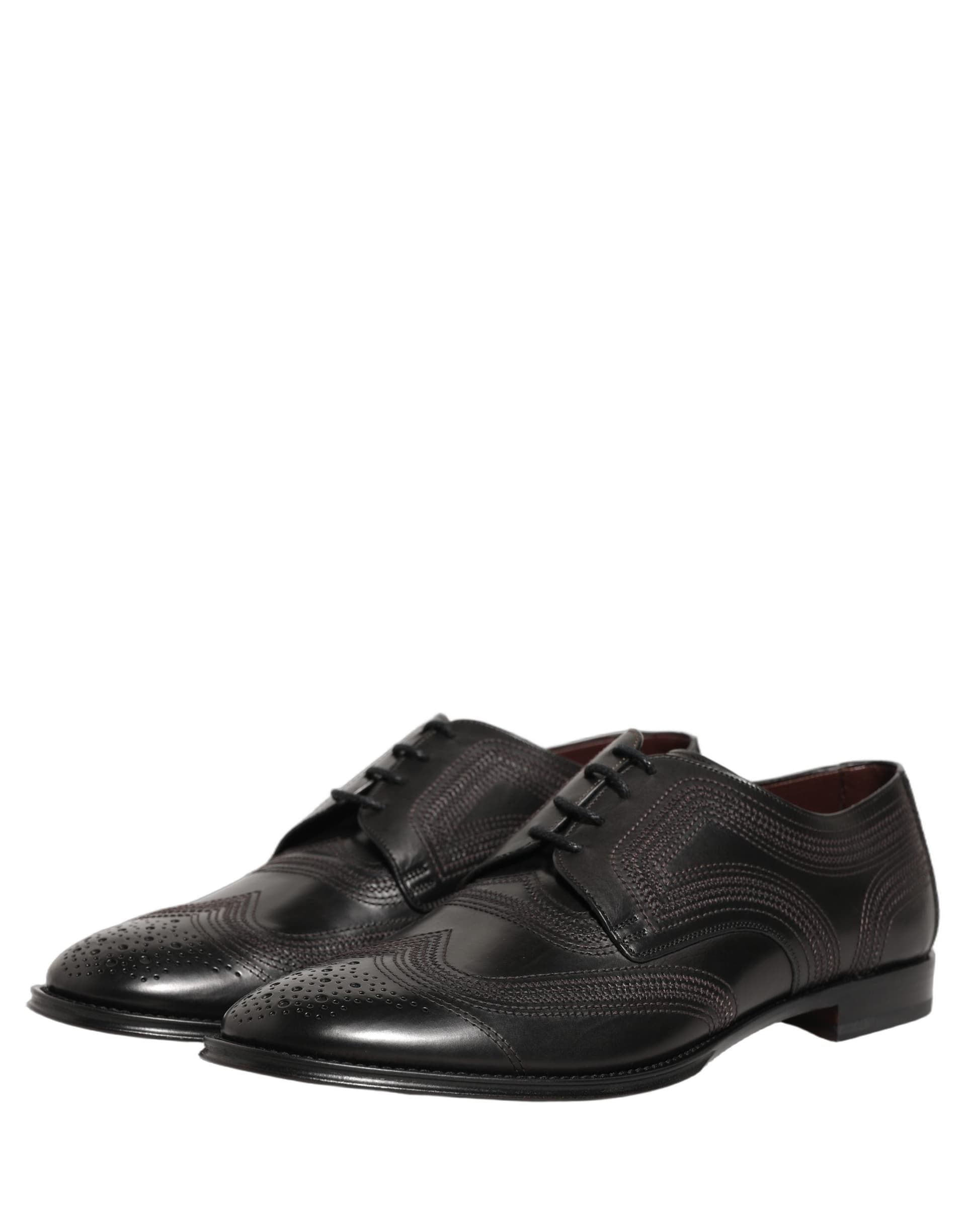 Dolce & Gabbana Black Embroidered Leather Derby Dress Shoes - 4