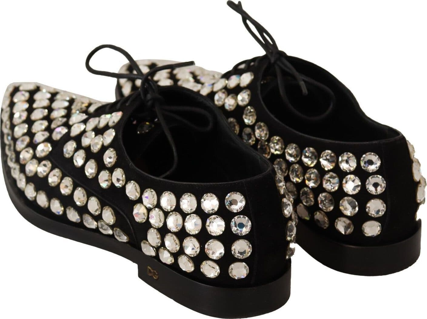 Dolce & Gabbana Black Leather Crystals Lace Up Formal Shoes - 7