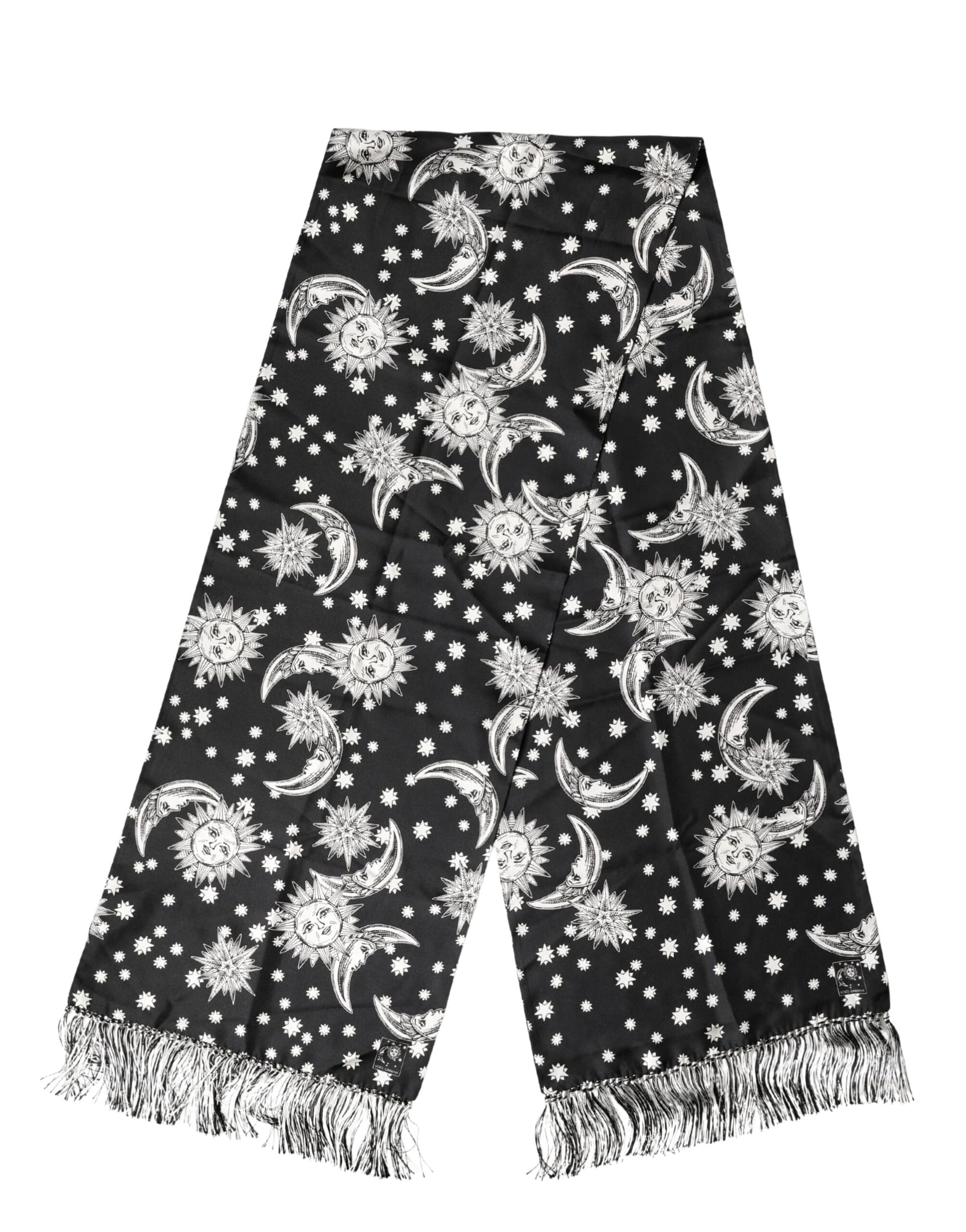Dolce & Gabbana Black Silk Sun Moon Star Fringe Foulard 178cm X 33cm Scarf - 2