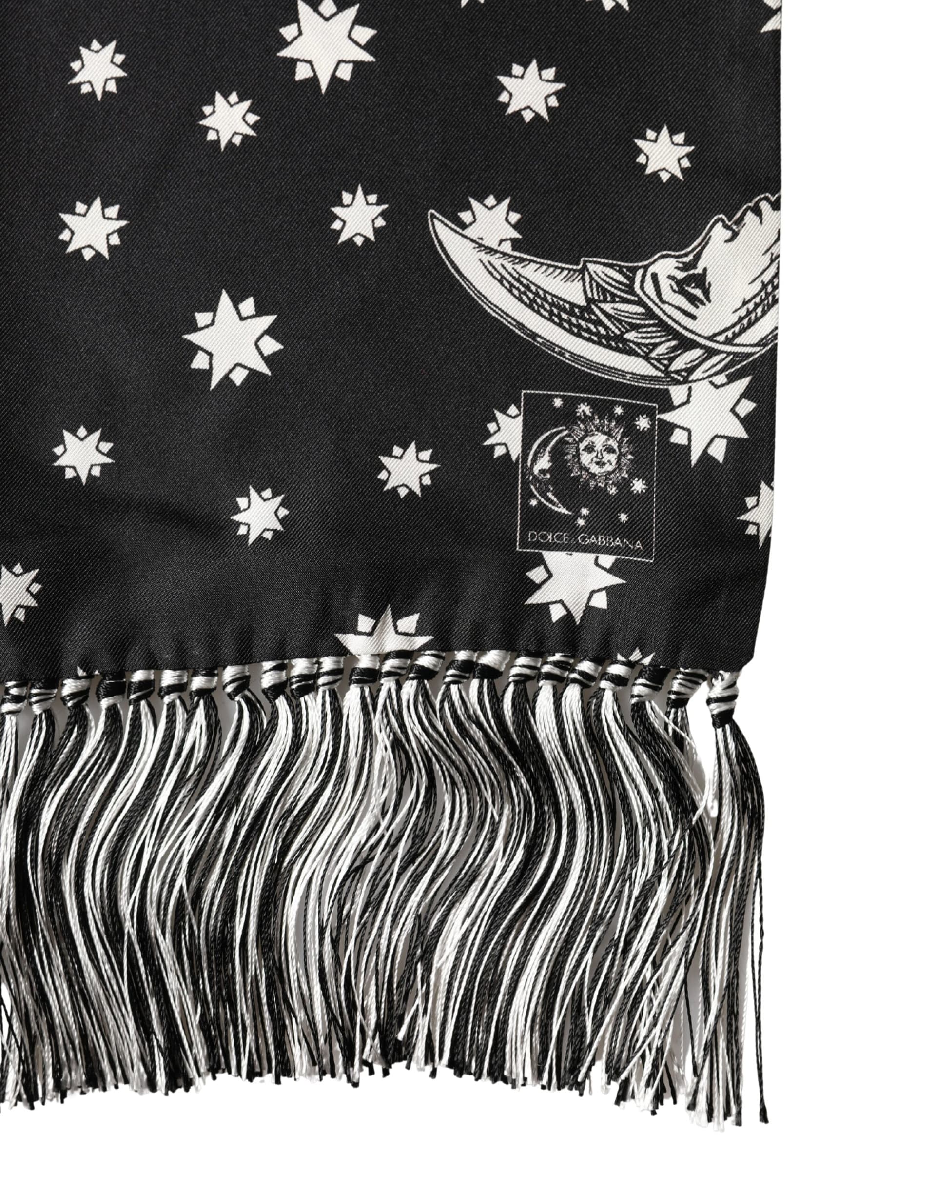 Dolce & Gabbana Black Silk Sun Moon Star Fringe Foulard 178cm X 33cm Scarf - 3