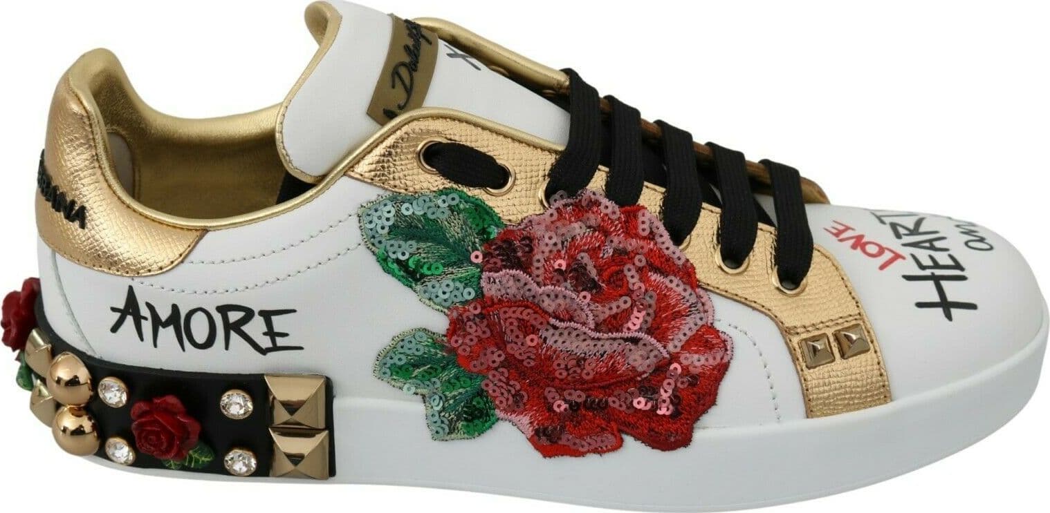 Dolce & Gabbana White Roses Sequined Crystal Womens Sneakers Shoes - 2