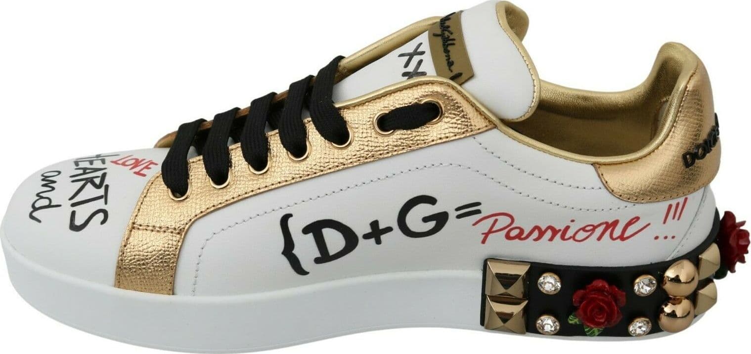 Dolce & Gabbana White Roses Sequined Crystal Womens Sneakers Shoes - 3