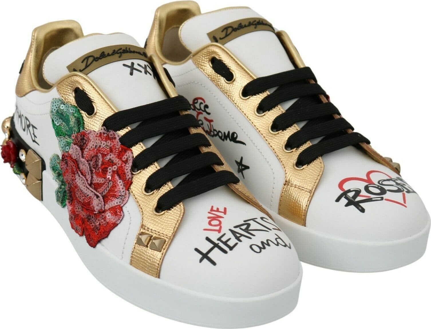 Dolce & Gabbana White Roses Sequined Crystal Womens Sneakers Shoes - 8