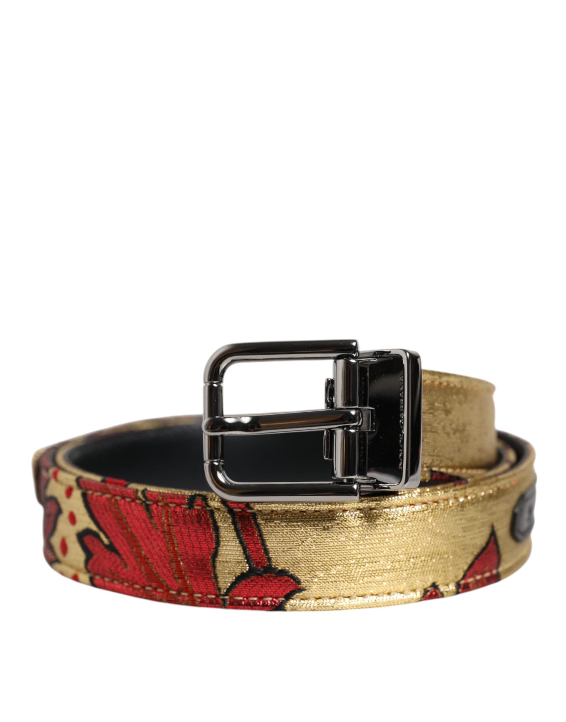 Dolce & Gabbana Gold Floral Jacquard Silver Metal Buckle Belt - 2