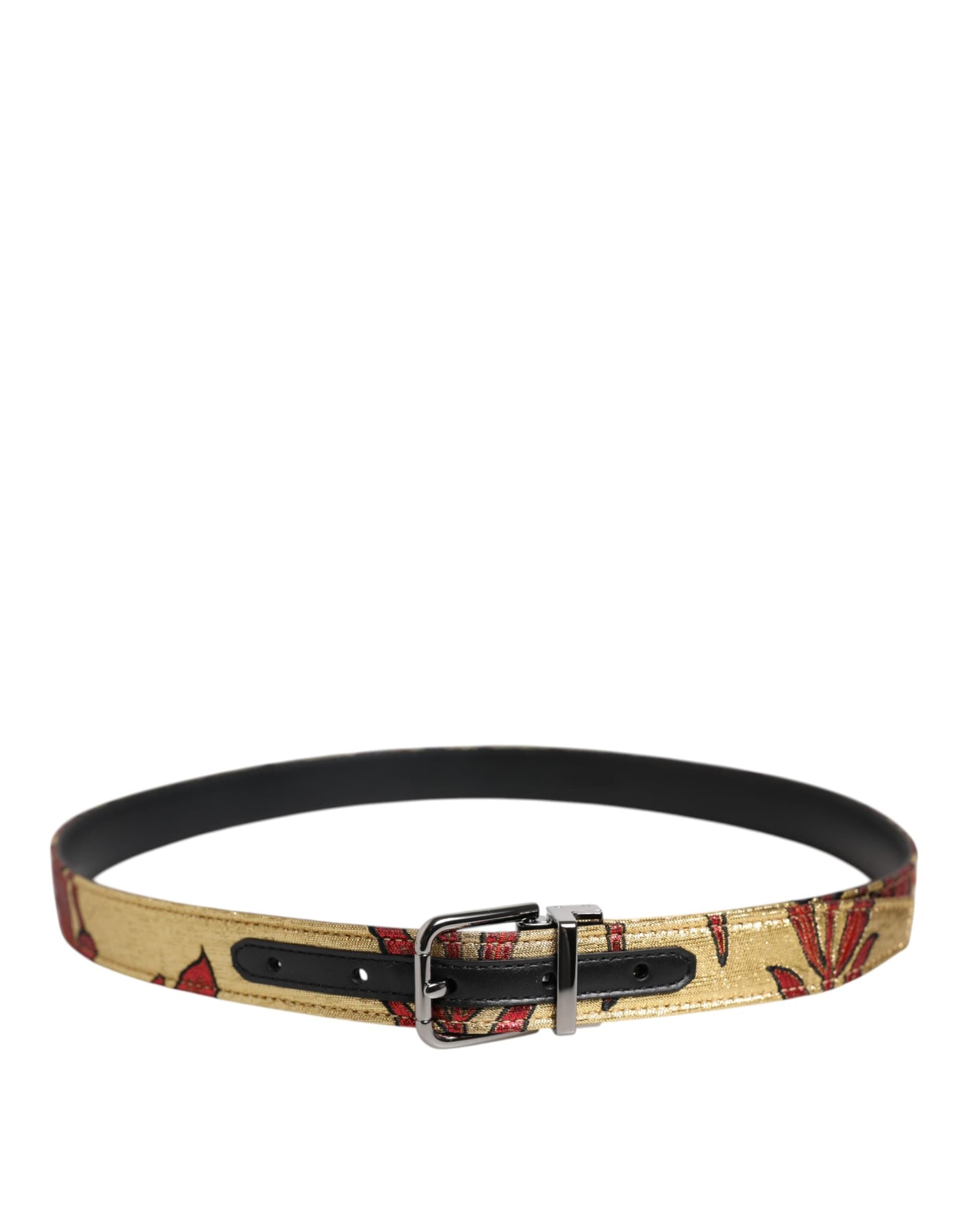 Dolce & Gabbana Gold Floral Jacquard Silver Metal Buckle Belt - 3