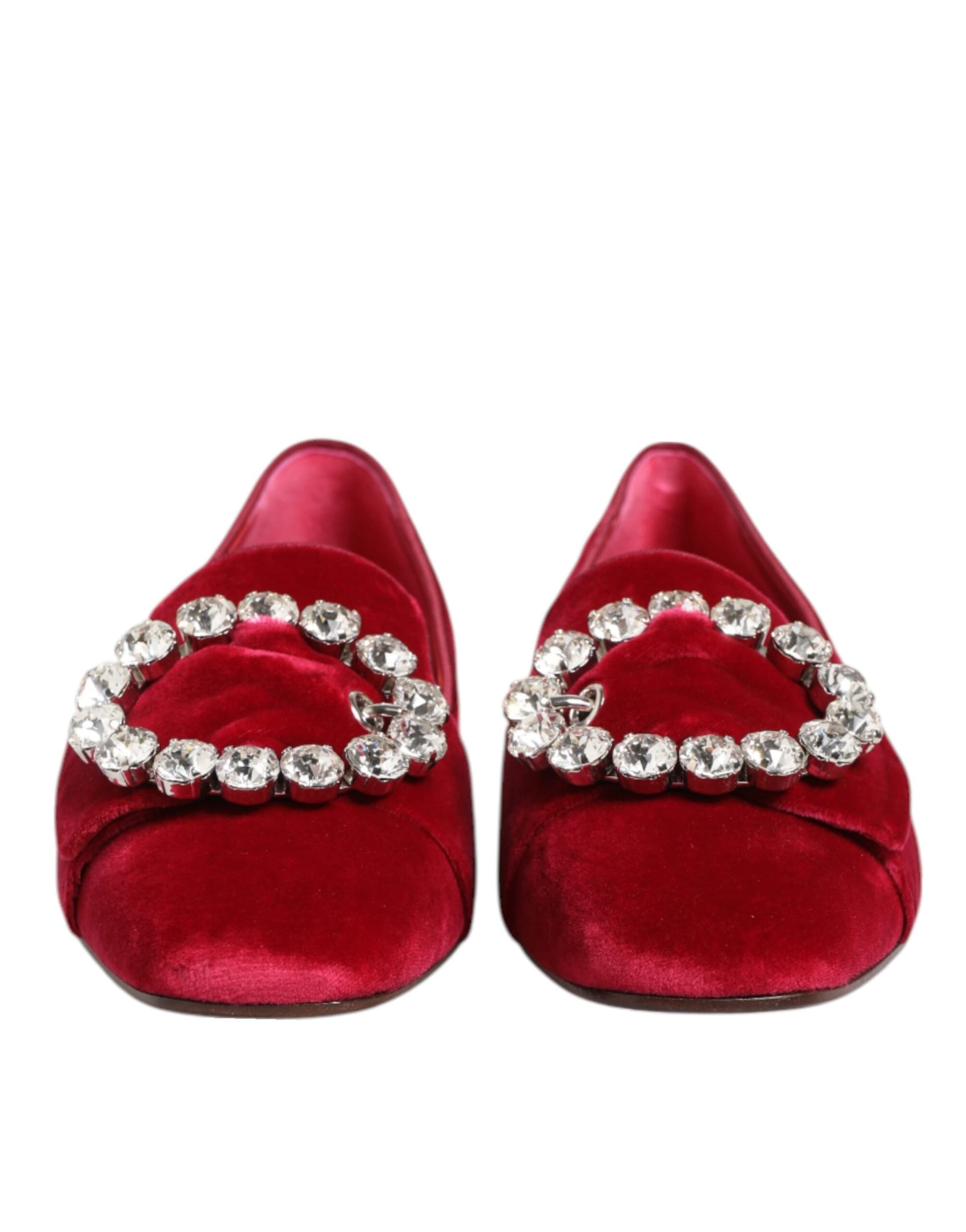 Dolce & Gabbana Red Velvet Crystal Buckle Loafers Flats Shoes - 2