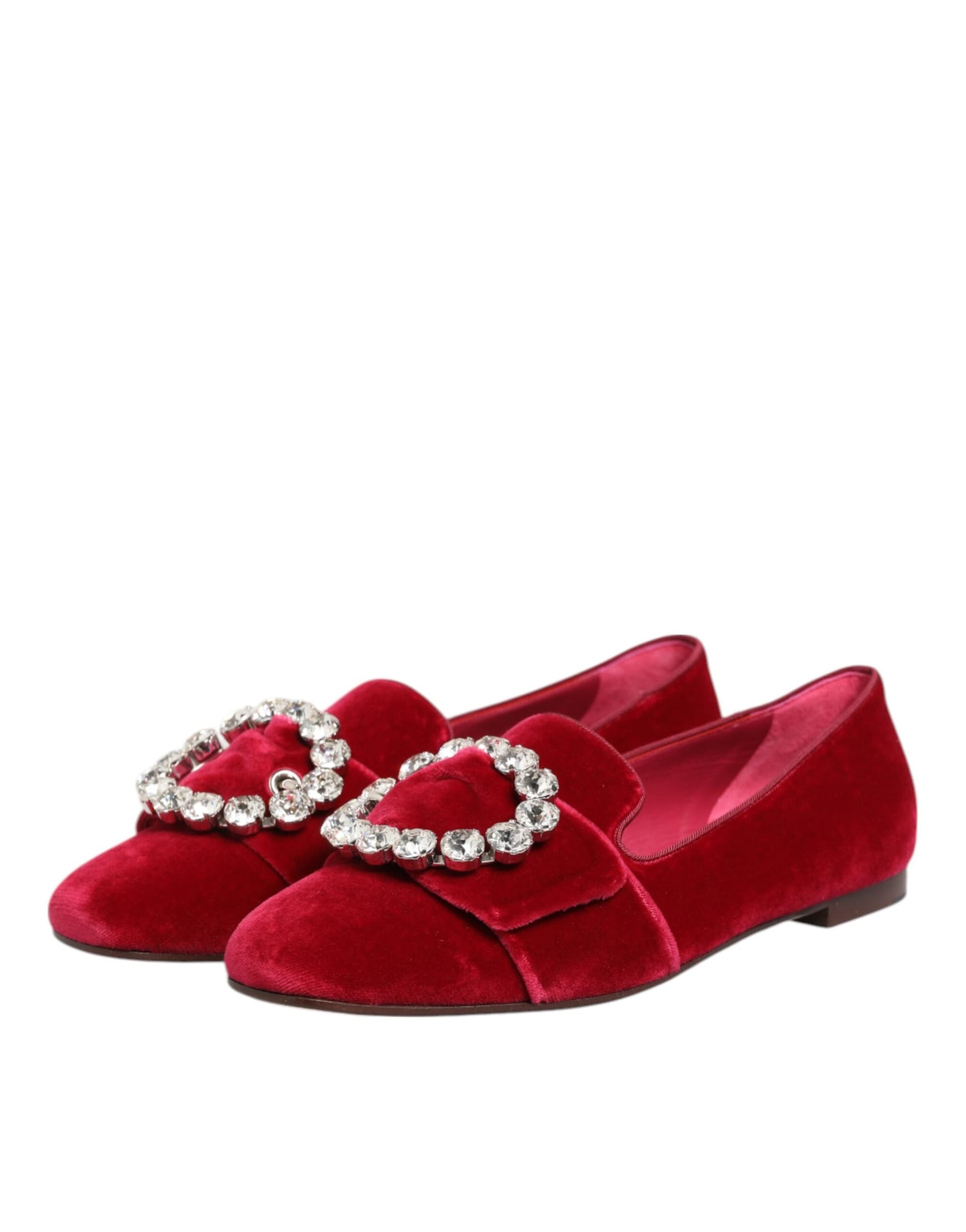 Dolce & Gabbana Red Velvet Crystal Buckle Loafers Flats Shoes - 3