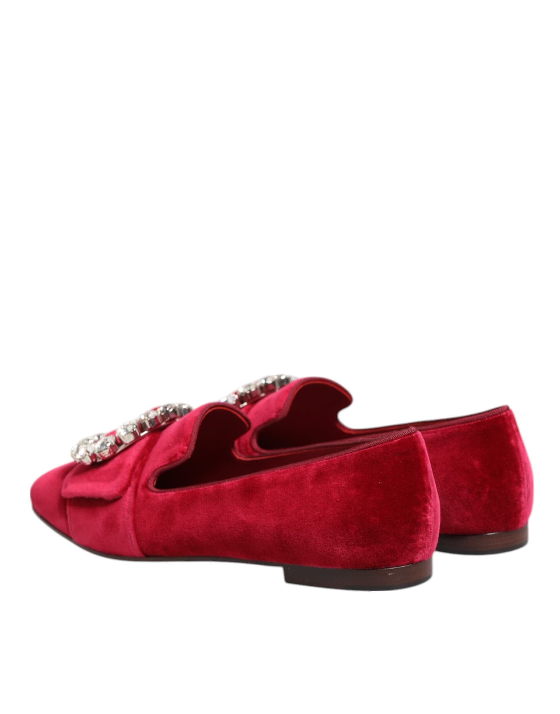 Dolce & Gabbana Red Velvet Crystal Buckle Loafers Flats Shoes - 4