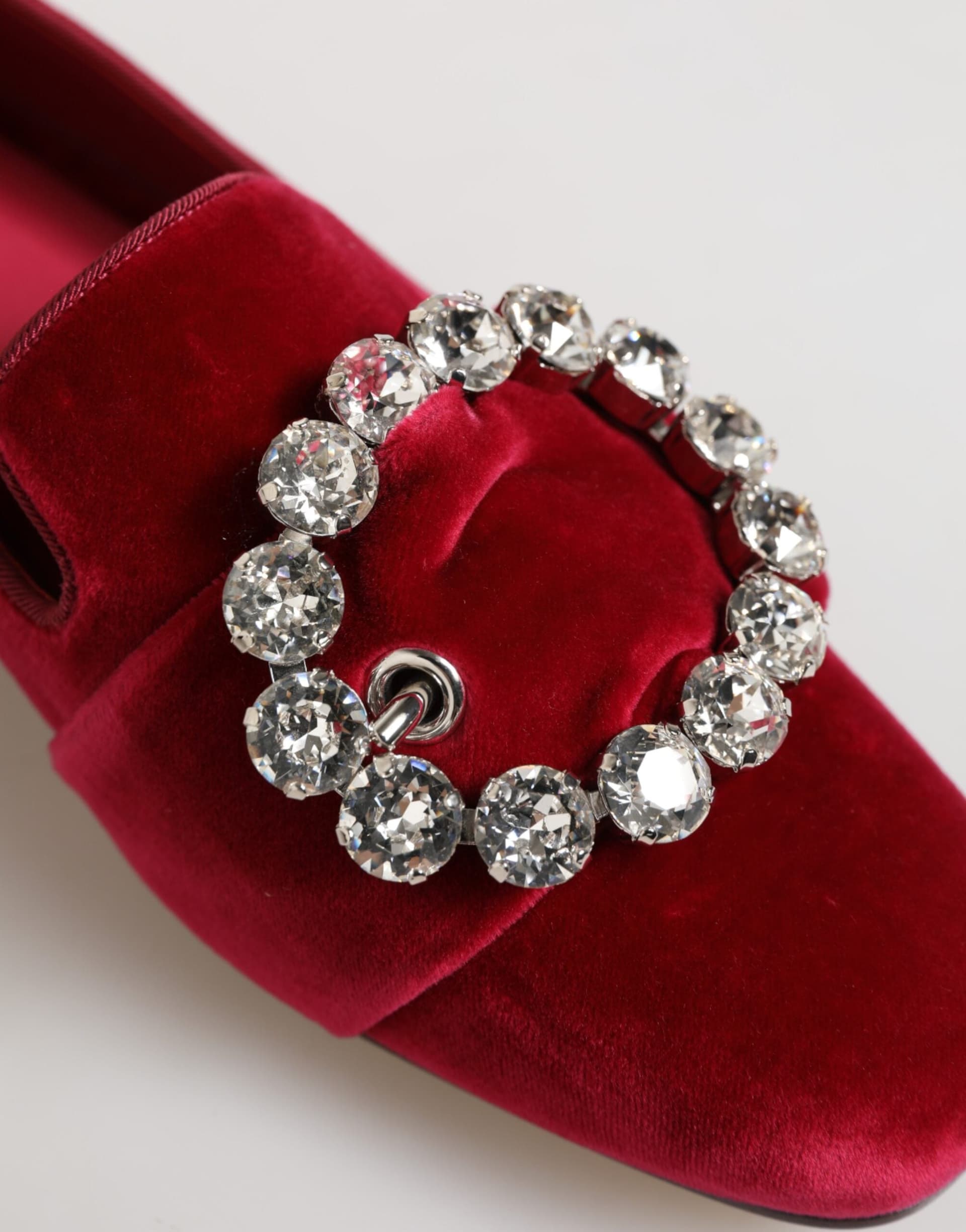 Dolce & Gabbana Red Velvet Crystal Buckle Loafers Flats Shoes - 8