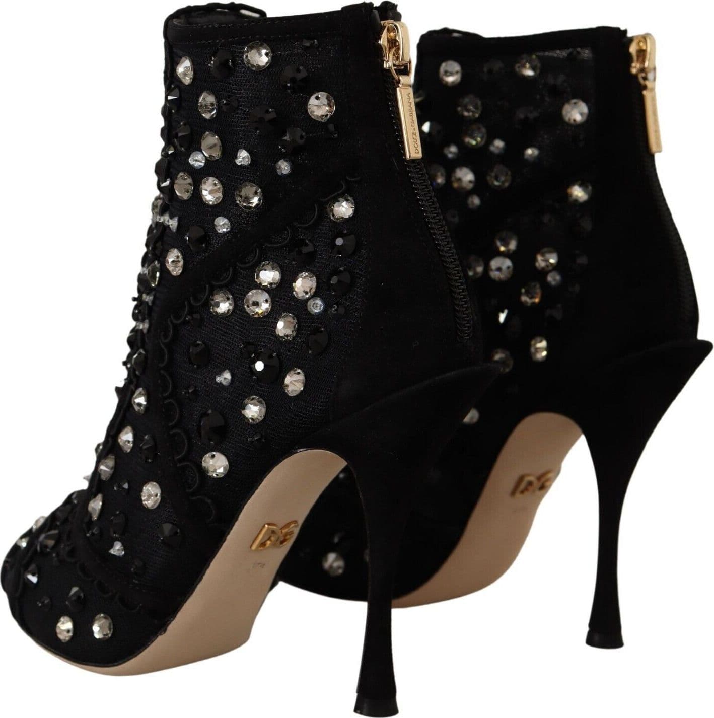 Dolce & Gabbana Black Crystals Heels Zipper Short Boots Shoes - 4