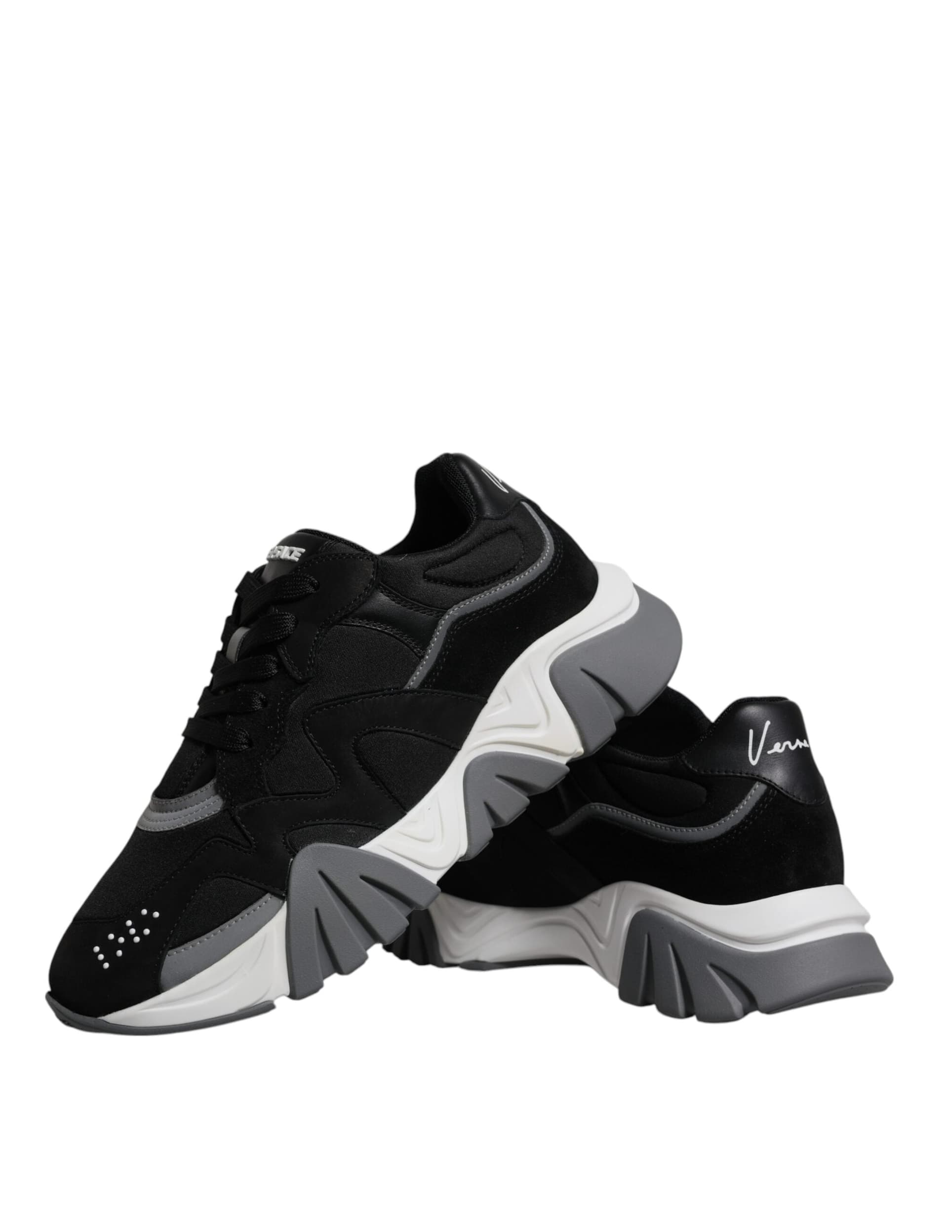 Versace Black Leather Neoprene Chunky Low Top Sneakers Squalo Shoes - 8