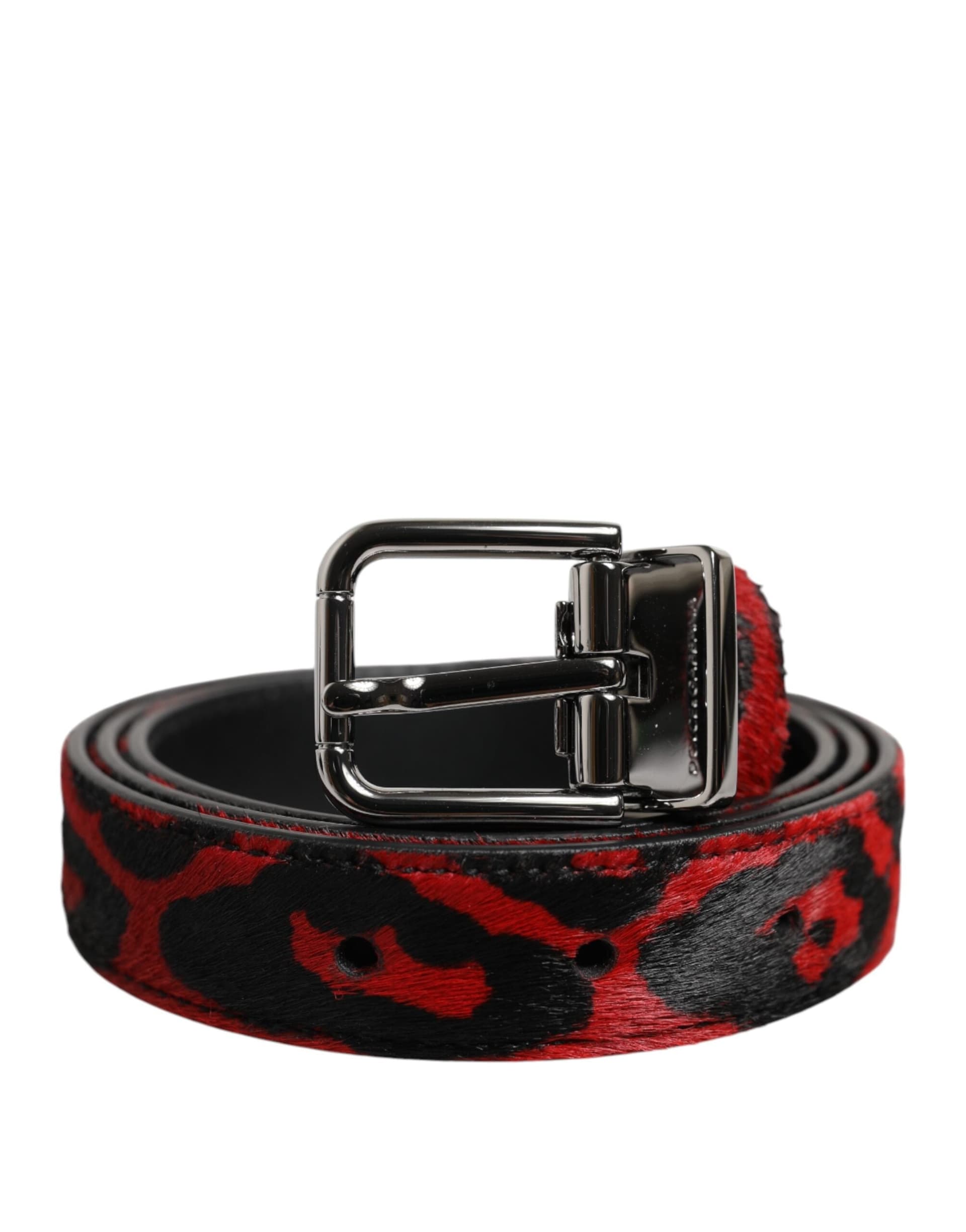 Dolce & Gabbana Black Red Leopard Silver Metal Buckle Belt - 2
