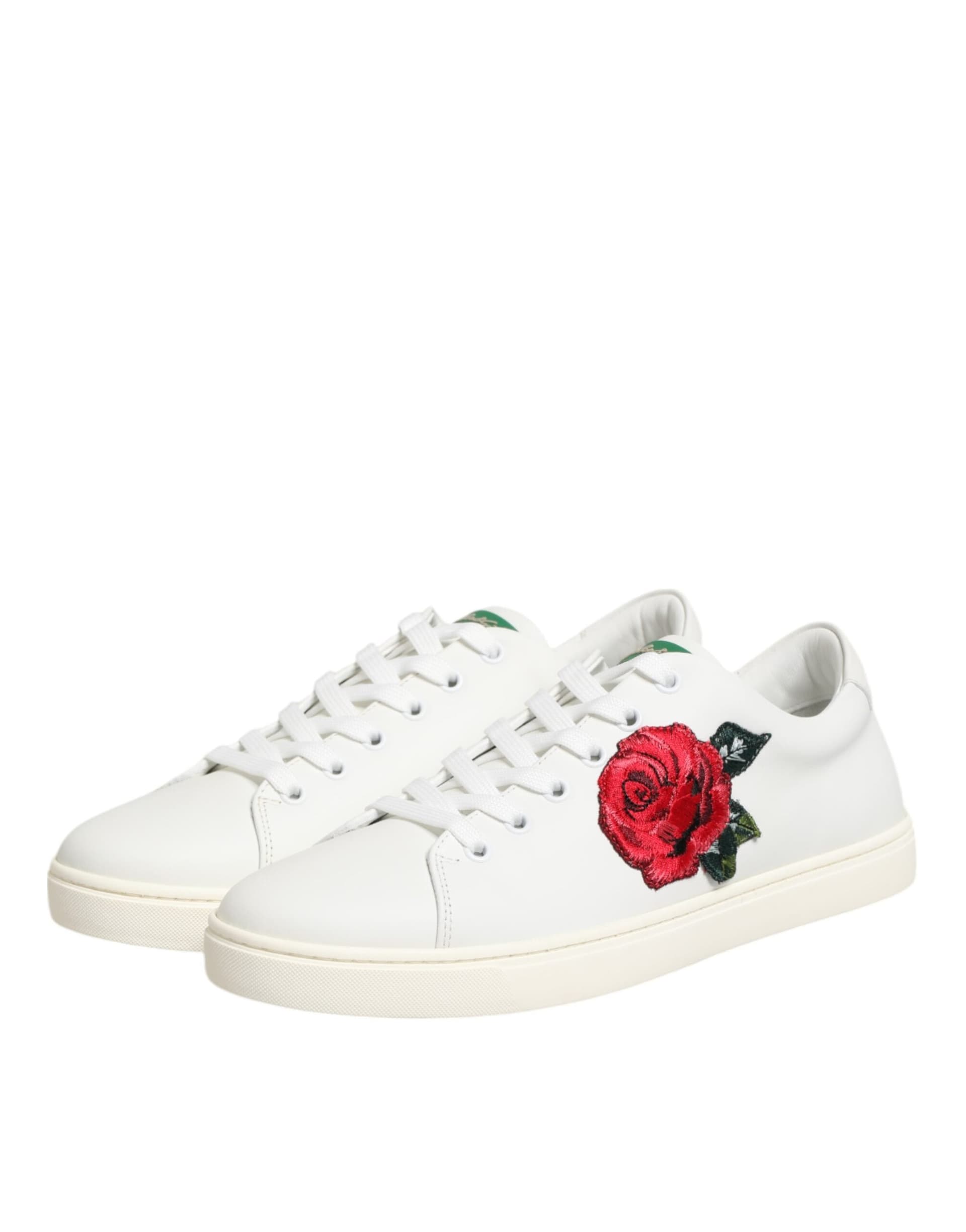 Dolce & Gabbana White Leather Rose Embroidery Low-Top  Shoes - 3