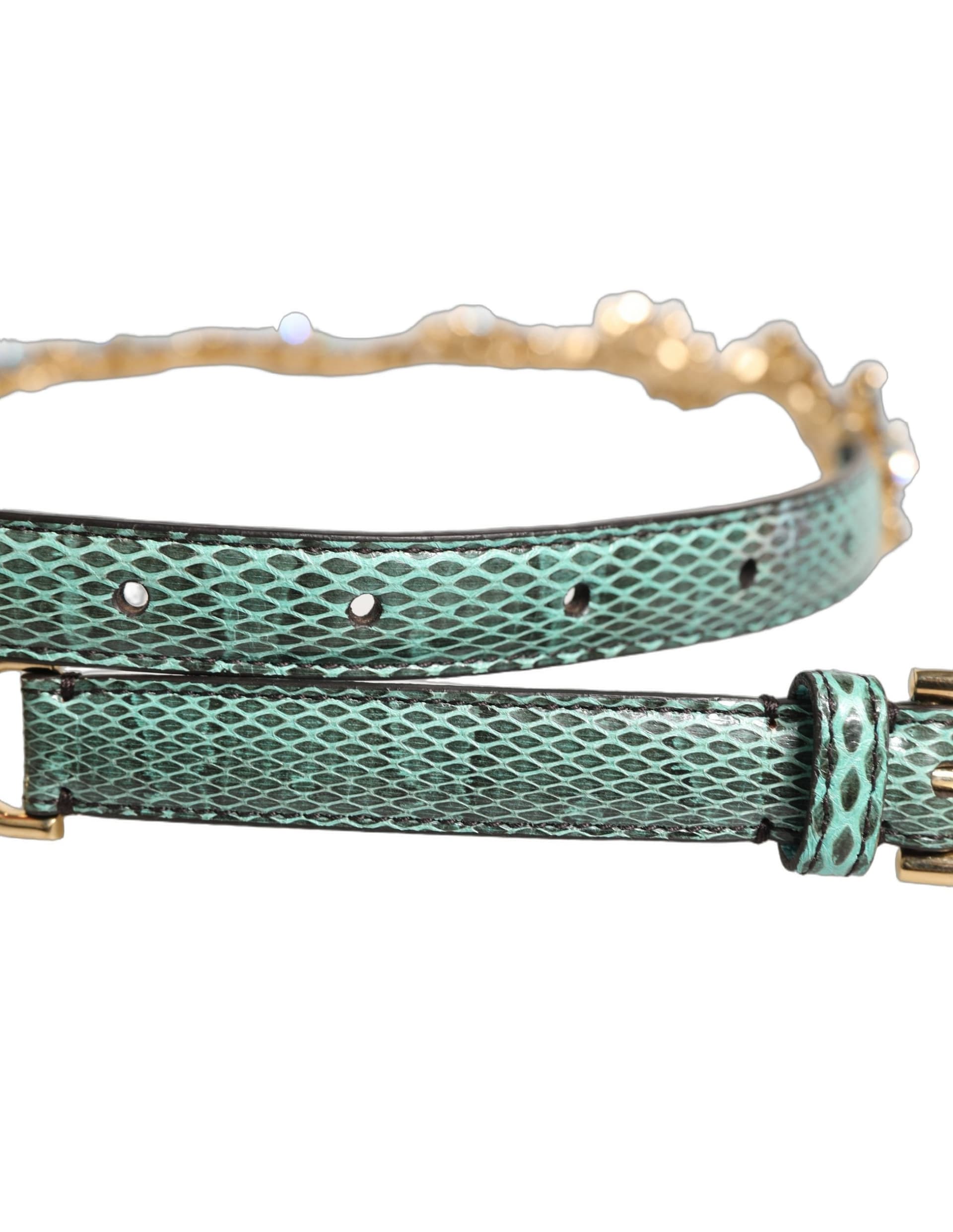 Dolce & Gabbana Green Leather Daisy Crystal Embellished Waist Belt - 5